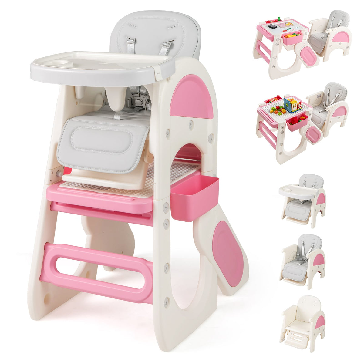 Convertible Baby High Chair with Double-layer Tray and Adjustable Backrest-Pink-High Chairs-DECOROLALA