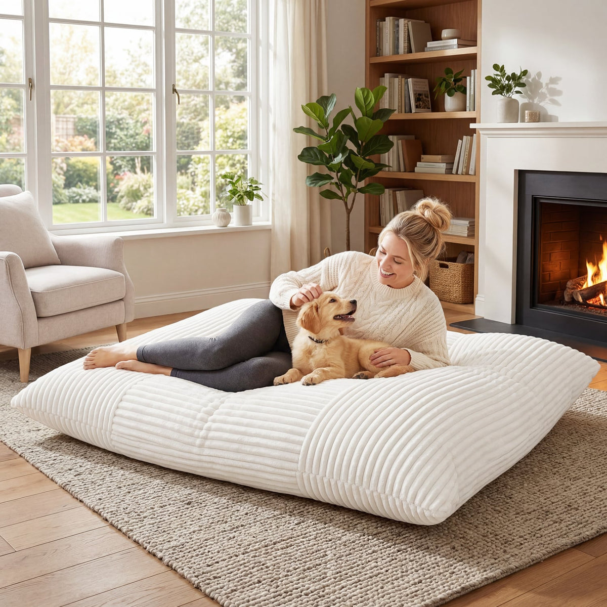 Convertible Bean Bag Floor Sofa with Machine-washable Corduroy Cover-Beige-Floor Chairs-DECOROLALA