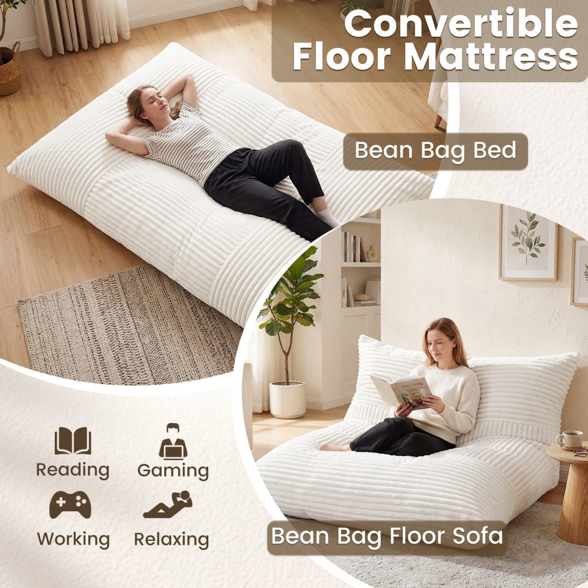 Convertible Bean Bag Floor Sofa with Machine-washable Corduroy Cover-Beige-Floor Chairs-DECOROLALA