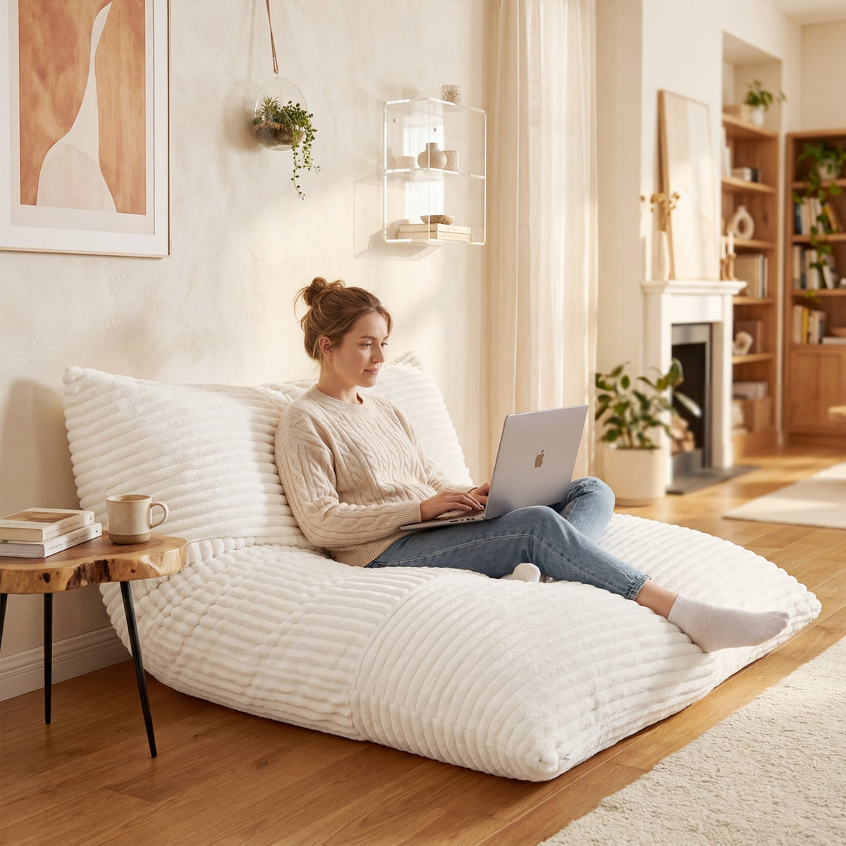 Convertible Bean Bag Floor Sofa with Machine-washable Corduroy Cover-Beige-Floor Chairs-DECOROLALA