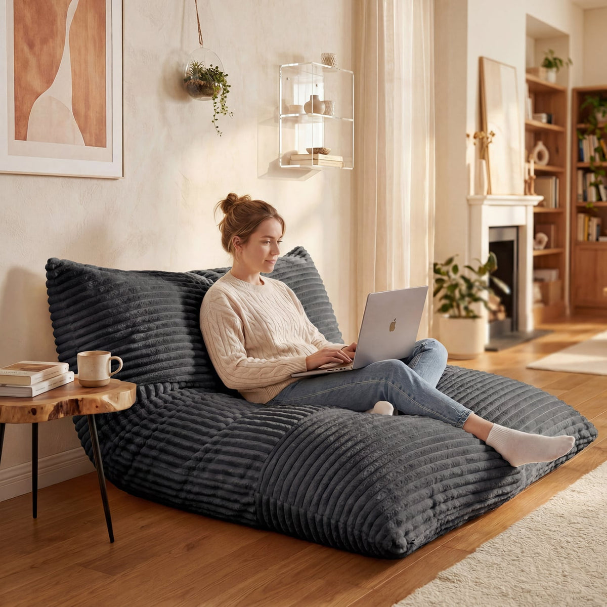 Convertible Bean Bag Floor Sofa with Machine-washable Corduroy Cover-Dark Gray-Floor Chairs-DECOROLALA