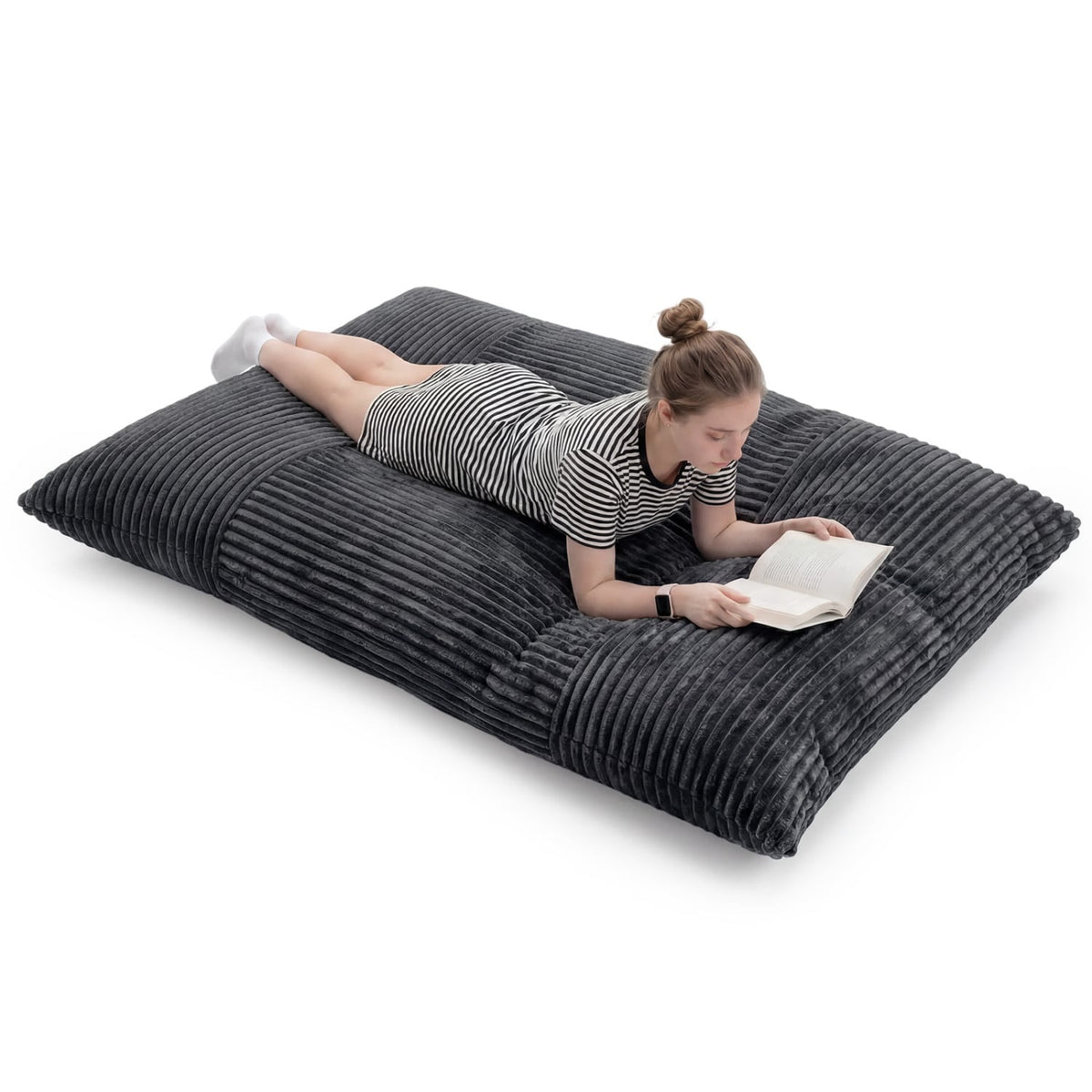 Convertible Bean Bag Floor Sofa with Machine-washable Corduroy Cover-Dark Gray-Floor Chairs-DECOROLALA