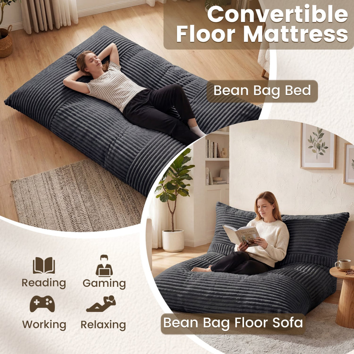 Convertible Bean Bag Floor Sofa with Machine-washable Corduroy Cover-Dark Gray-Floor Chairs-DECOROLALA