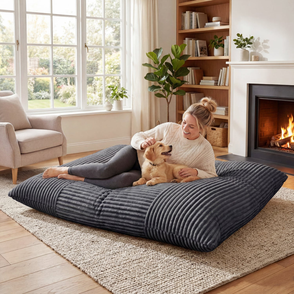 Convertible Bean Bag Floor Sofa with Machine-washable Corduroy Cover-Dark Gray-Floor Chairs-DECOROLALA