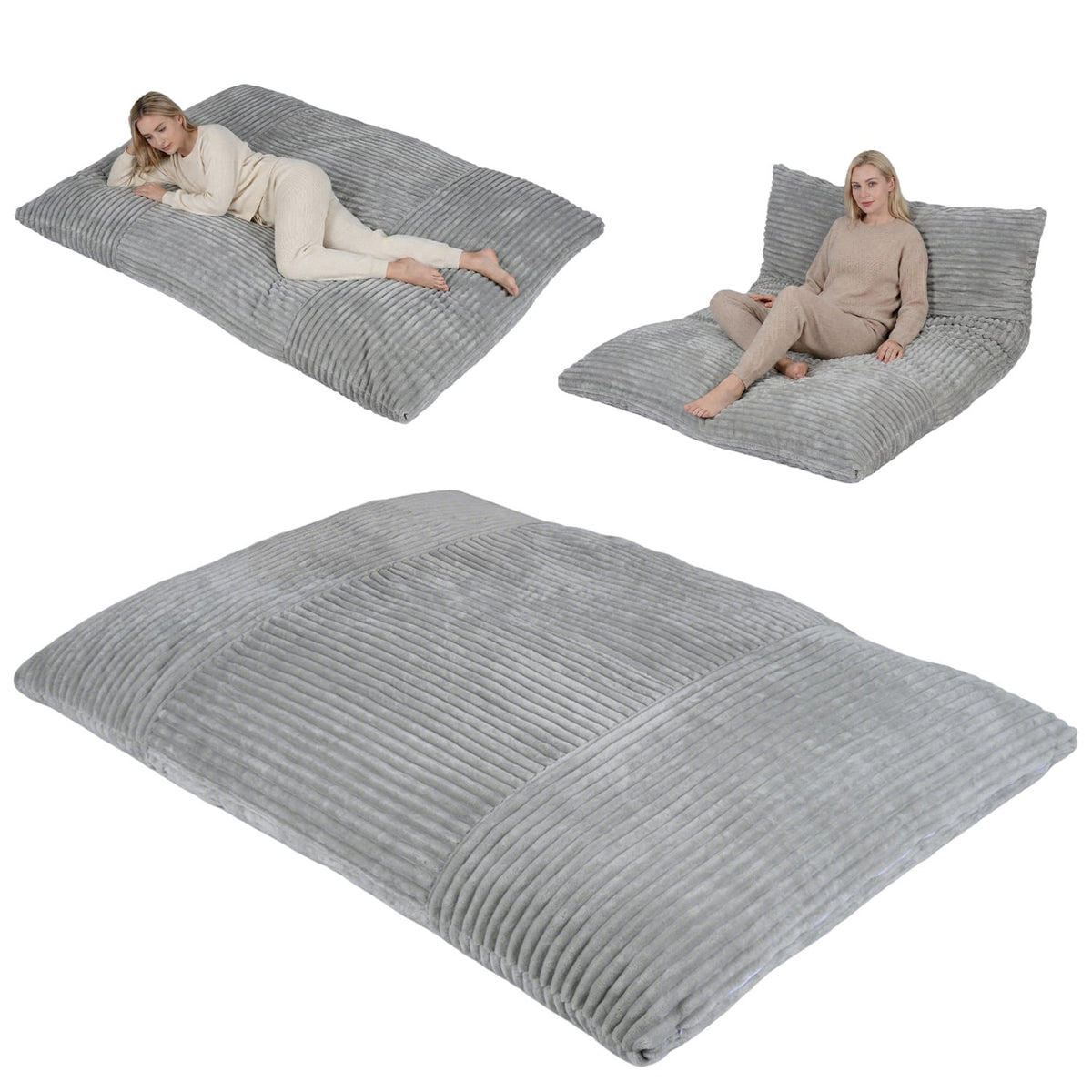Convertible Bean Bag Floor Sofa with Machine-washable Corduroy Cover-Gray-Floor Chairs-DECOROLALA
