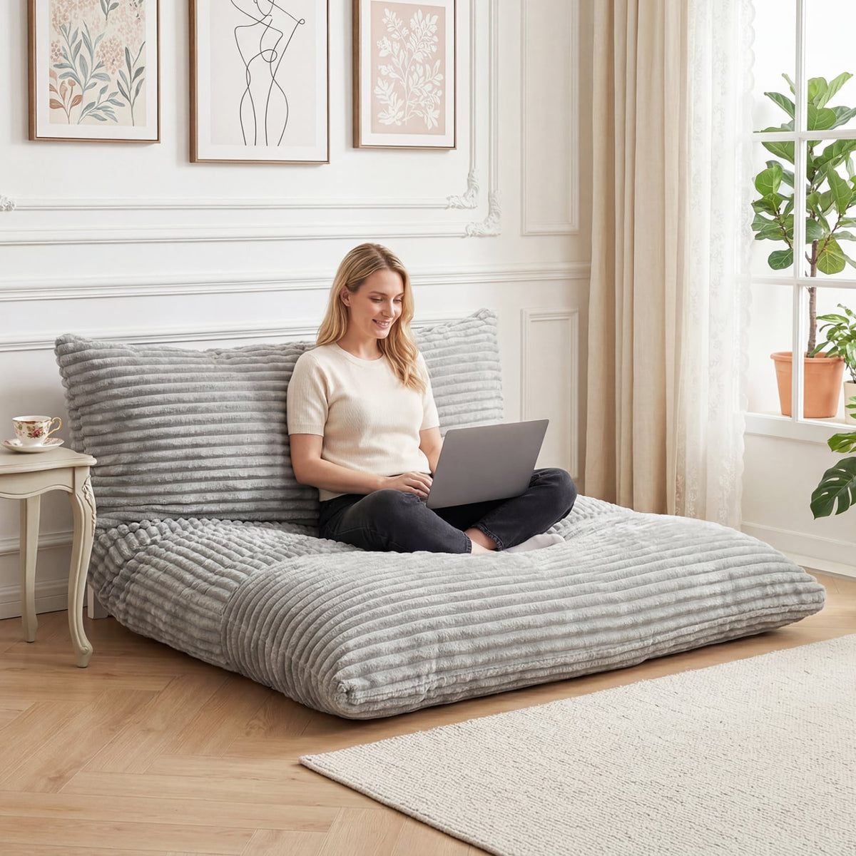 Convertible Bean Bag Floor Sofa with Machine-washable Corduroy Cover-Gray-Floor Chairs-DECOROLALA