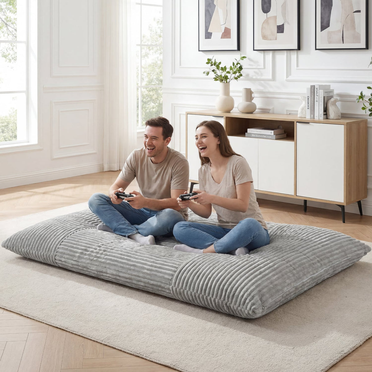 Convertible Bean Bag Floor Sofa with Machine-washable Corduroy Cover-Gray-Floor Chairs-DECOROLALA