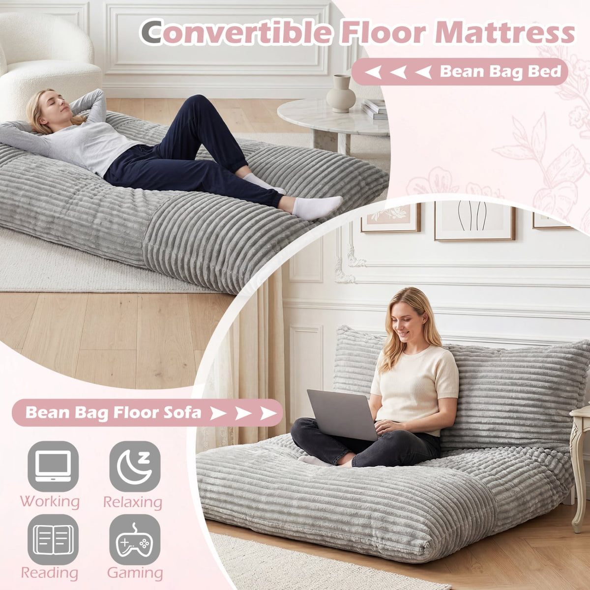 Convertible Bean Bag Floor Sofa with Machine-washable Corduroy Cover-Gray-Floor Chairs-DECOROLALA