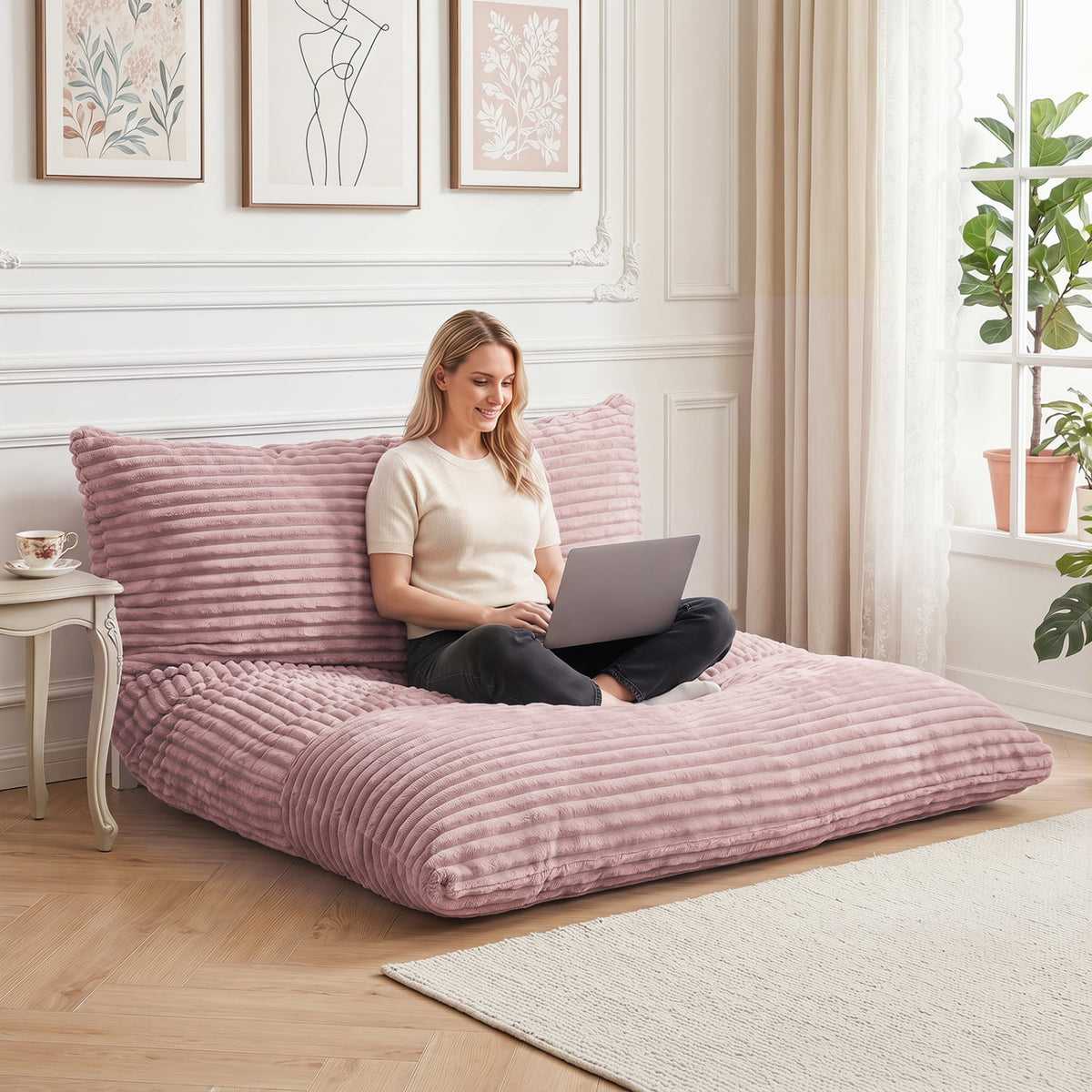 Convertible Bean Bag Floor Sofa with Machine-washable Corduroy Cover-Pink-Floor Chairs-DECOROLALA