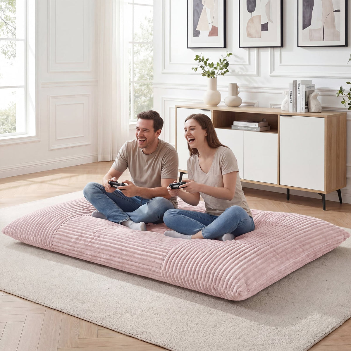 Convertible Bean Bag Floor Sofa with Machine-washable Corduroy Cover-Pink-Floor Chairs-DECOROLALA