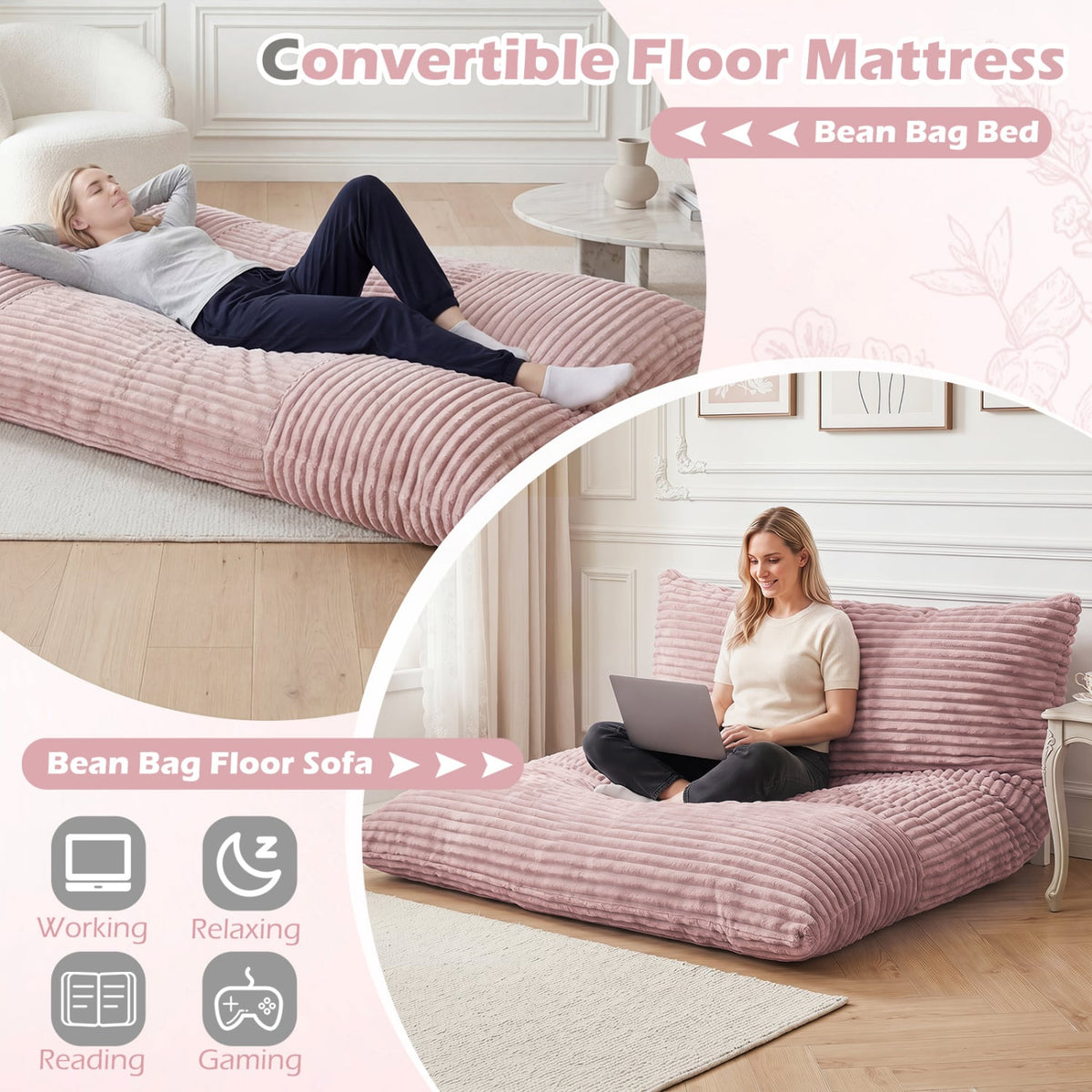 Convertible Bean Bag Floor Sofa with Machine-washable Corduroy Cover-Pink-Floor Chairs-DECOROLALA