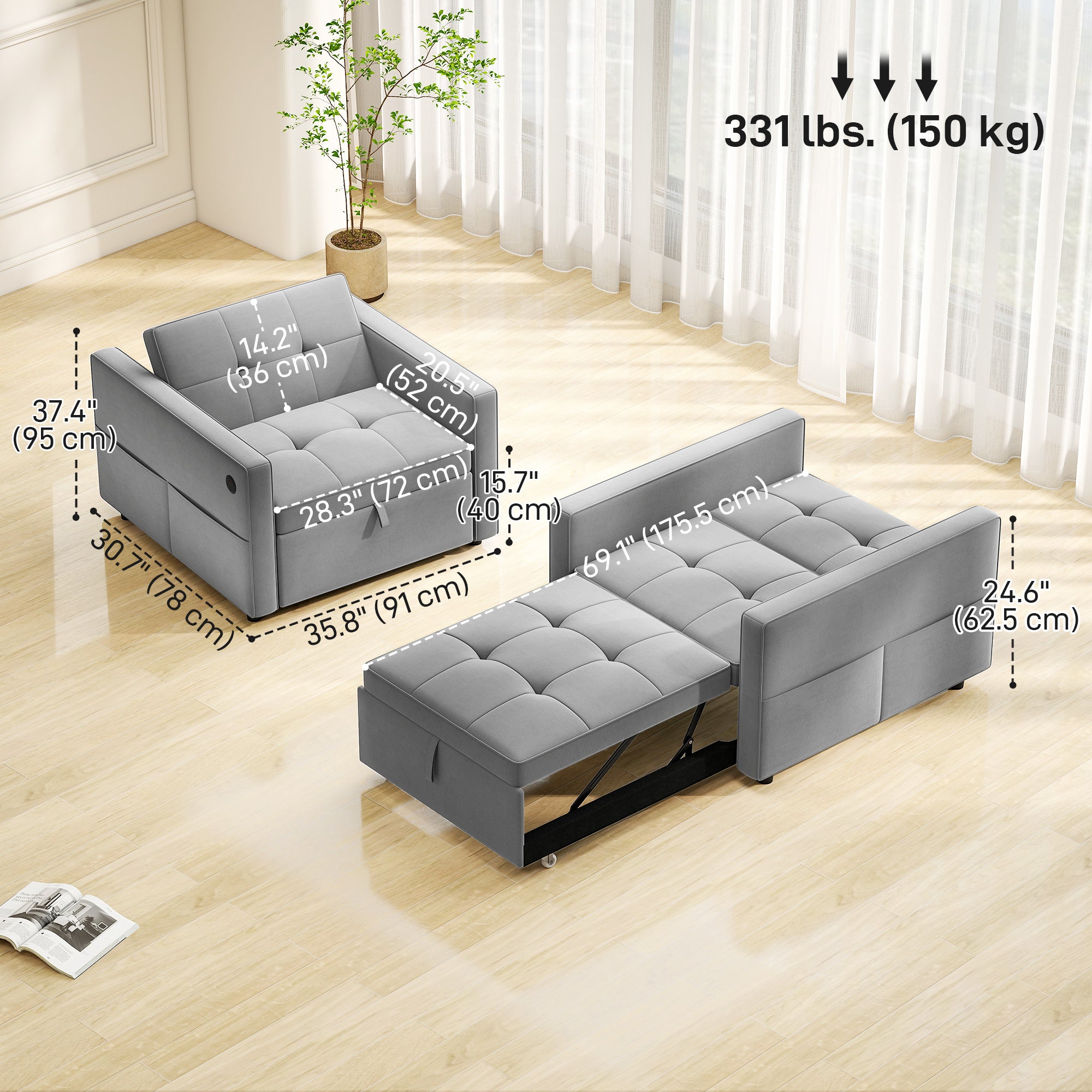 Convertible Chair Bed - Grey Velvet USB-DECOROLALA