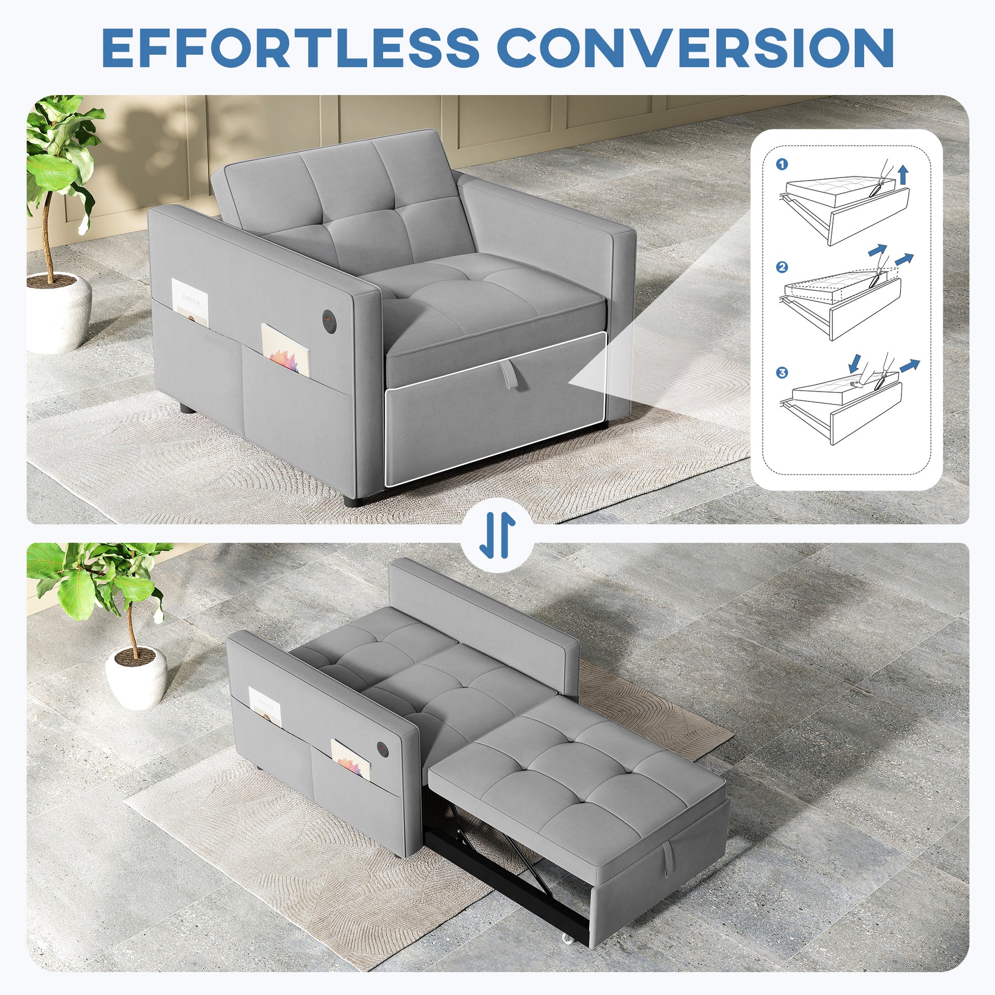 Convertible Chair Bed - Grey Velvet USB-DECOROLALA