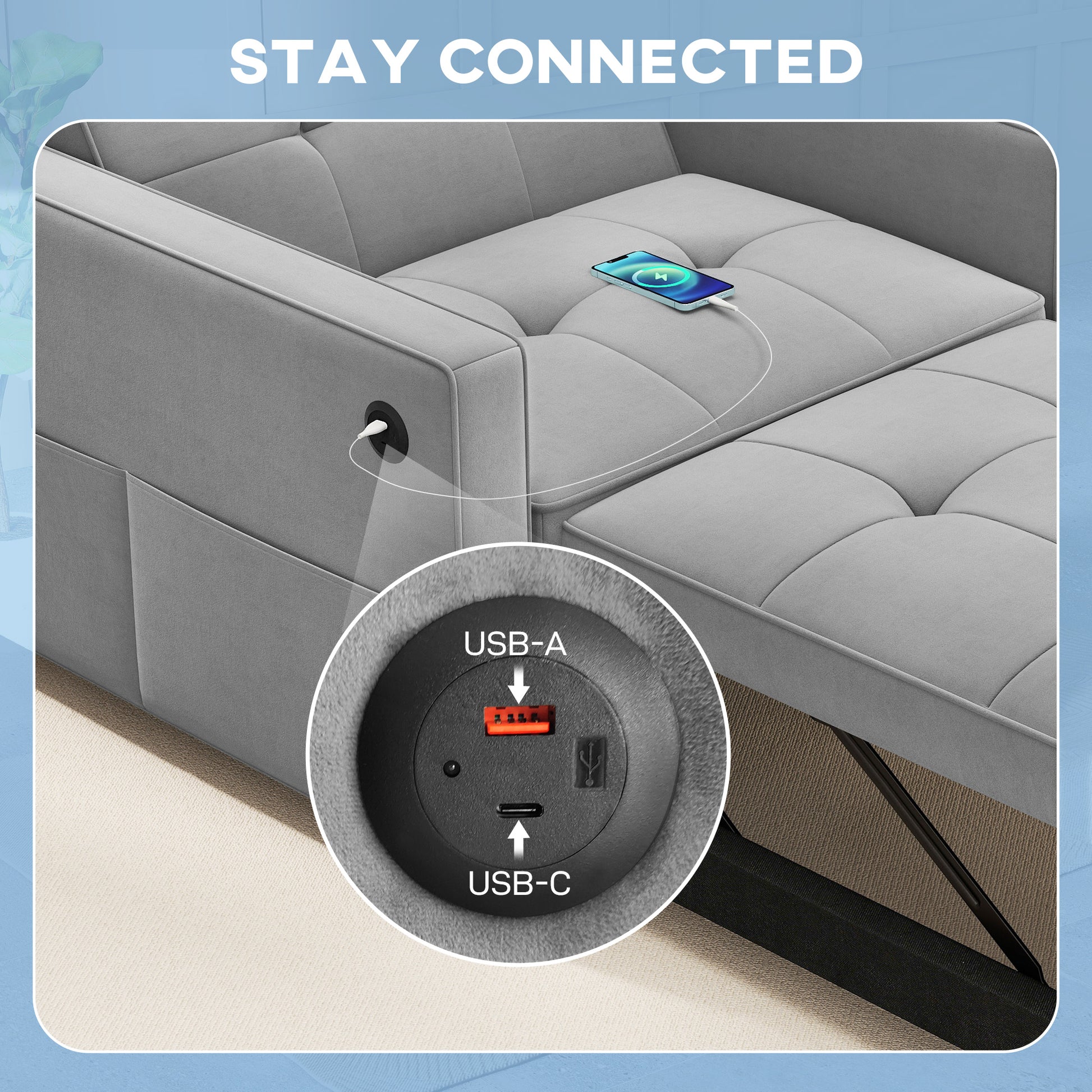 Convertible Chair Bed - Grey Velvet USB-DECOROLALA