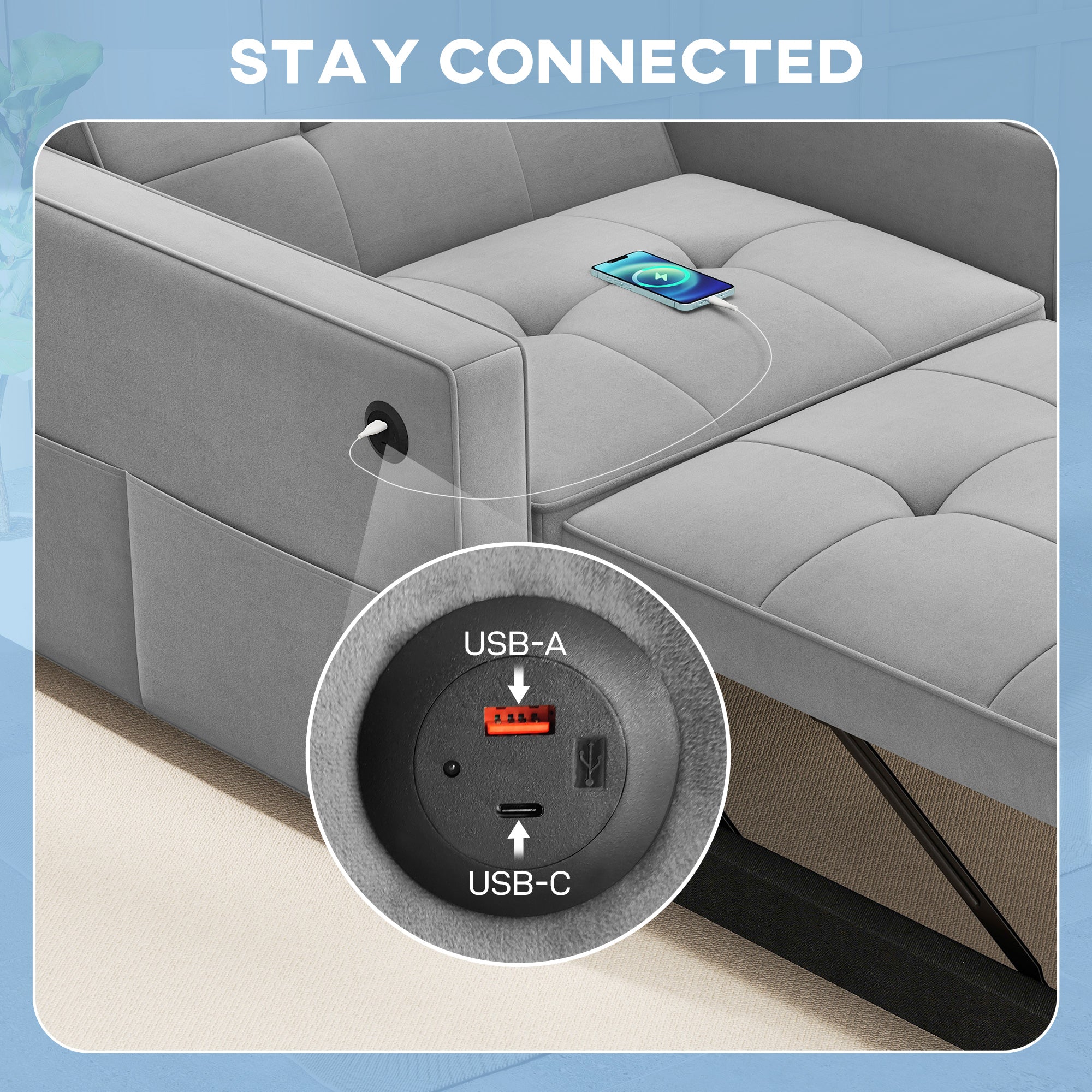 Convertible Chair Bed - Grey Velvet USB-DECOROLALA