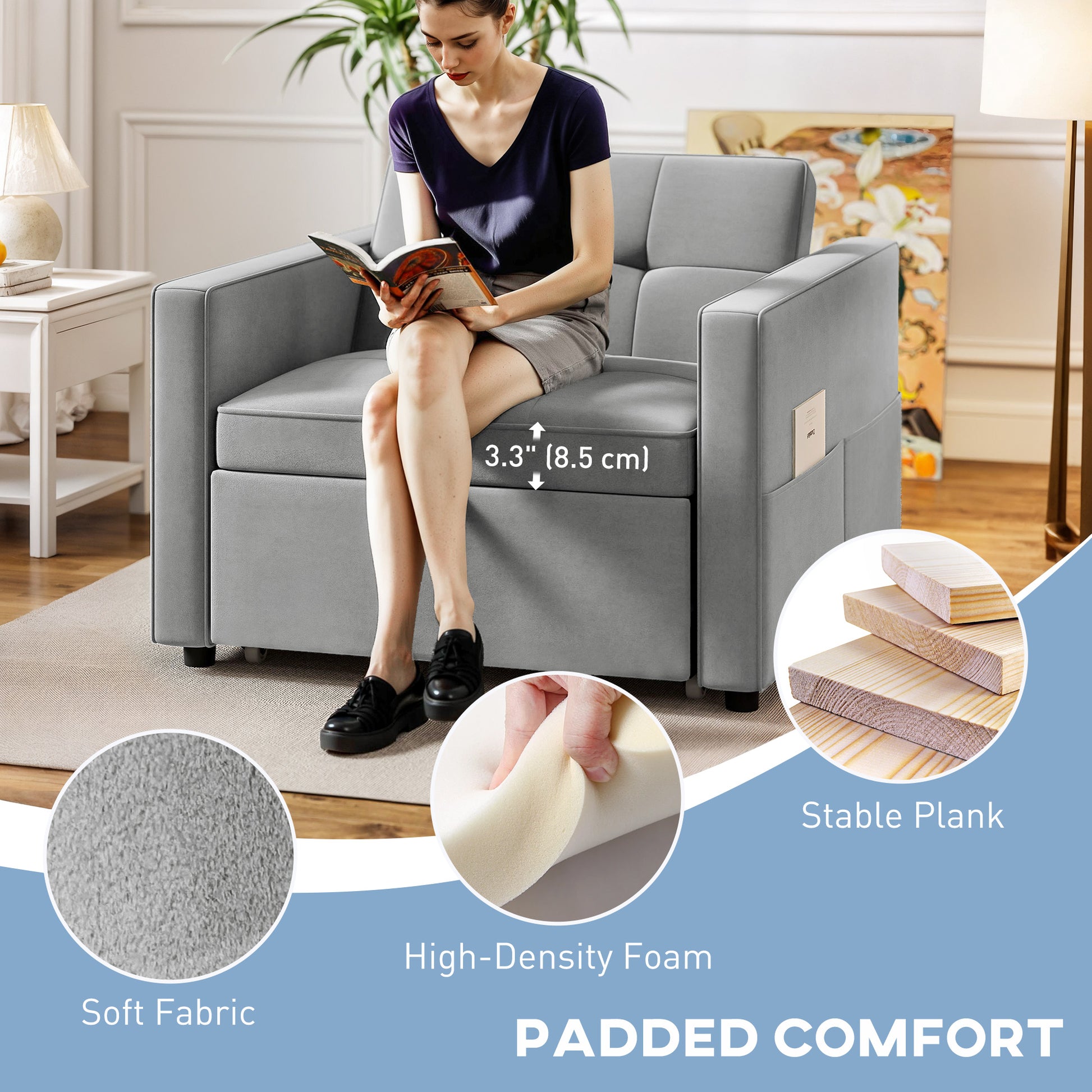 Convertible Chair Bed - Grey Velvet USB-DECOROLALA