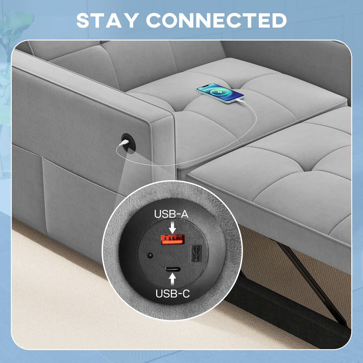 Convertible Chair Bed - Grey Velvet USB-DECOROLALA