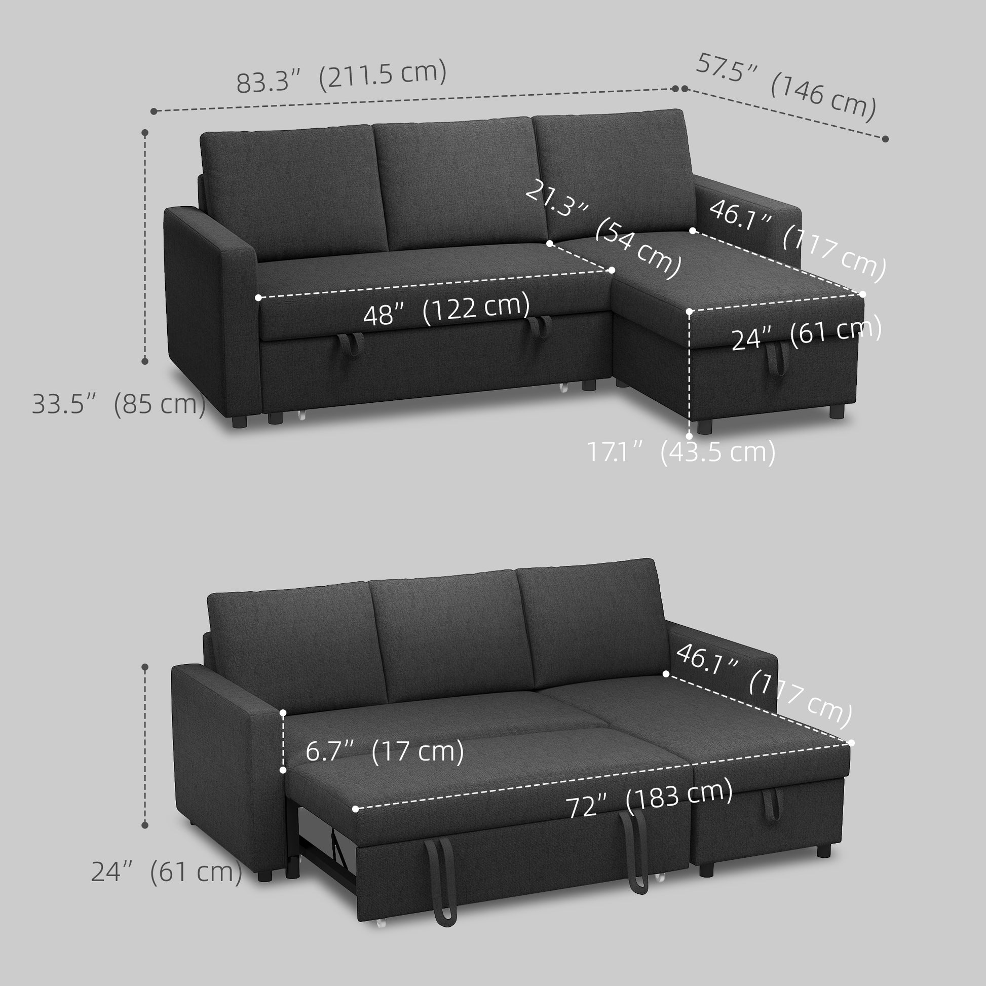 Convertible Corner Sofa Bed, Built-In Storage, Black 3 Cushions-DECOROLALA