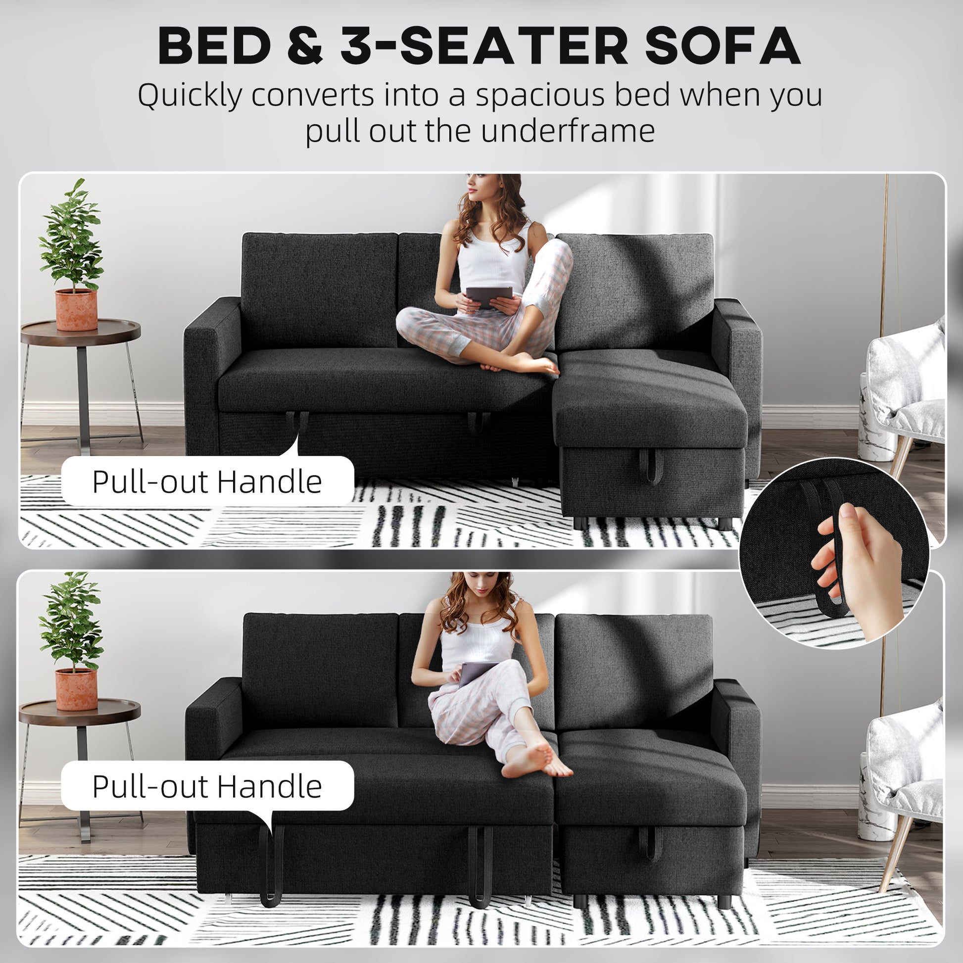 Convertible Corner Sofa Bed, Built-In Storage, Black 3 Cushions-DECOROLALA