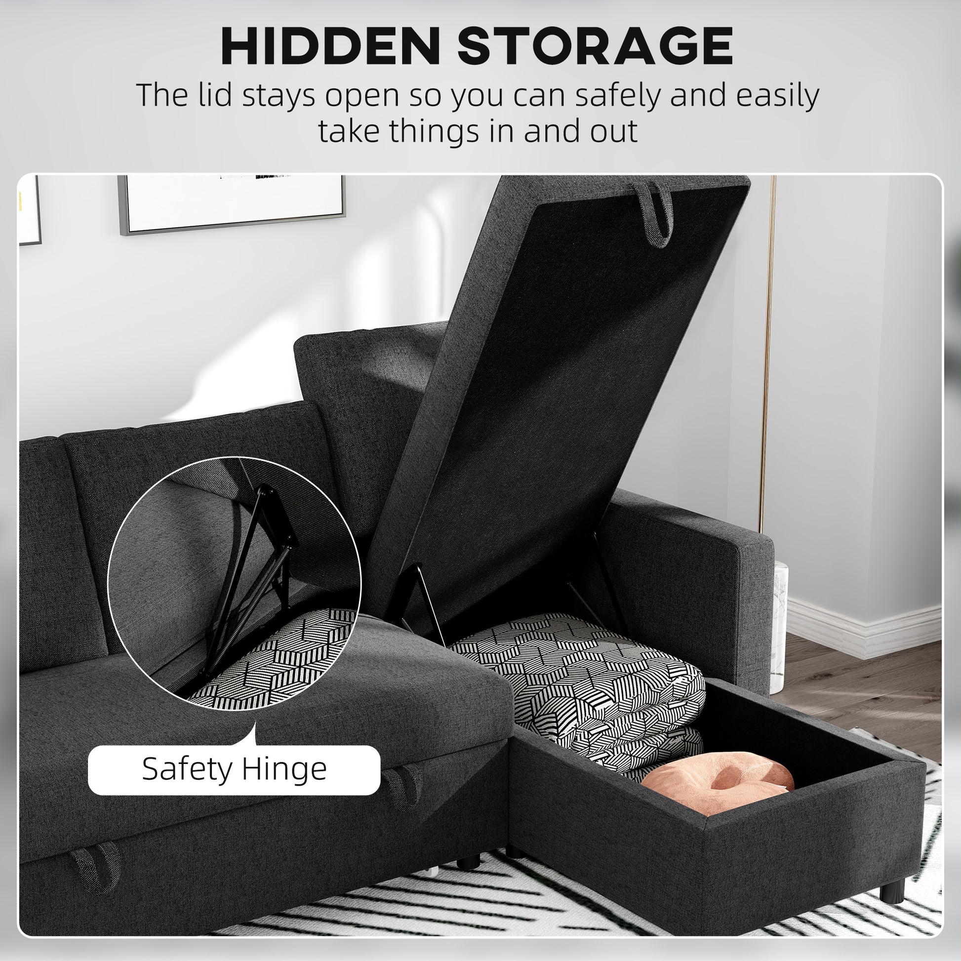 Convertible Corner Sofa Bed, Built-In Storage, Black 3 Cushions-DECOROLALA
