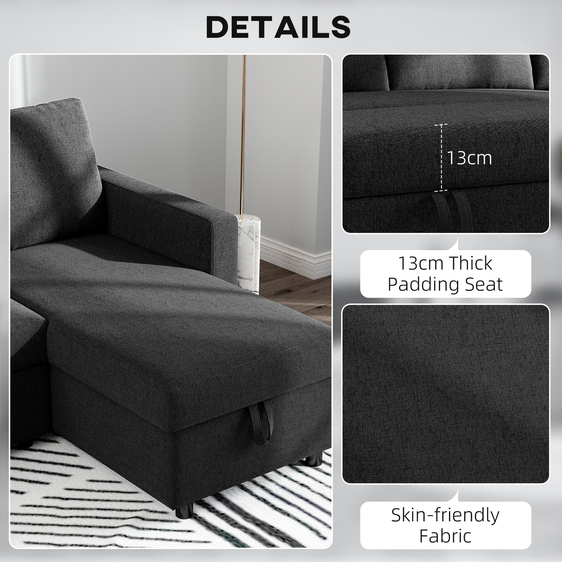 Convertible Corner Sofa Bed, Built-In Storage, Black 3 Cushions-DECOROLALA