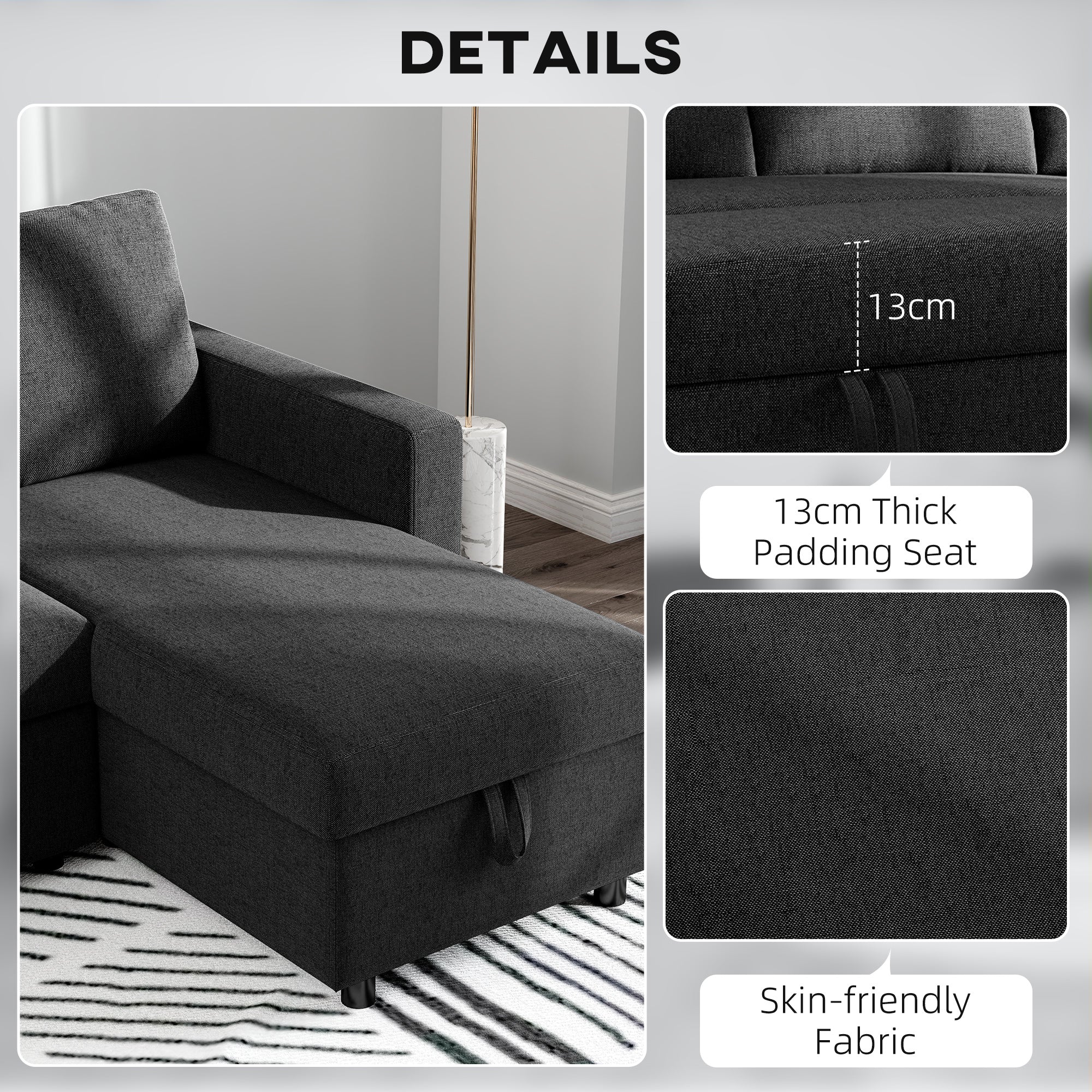 Convertible Corner Sofa Bed, Built-In Storage, Black 3 Cushions-DECOROLALA