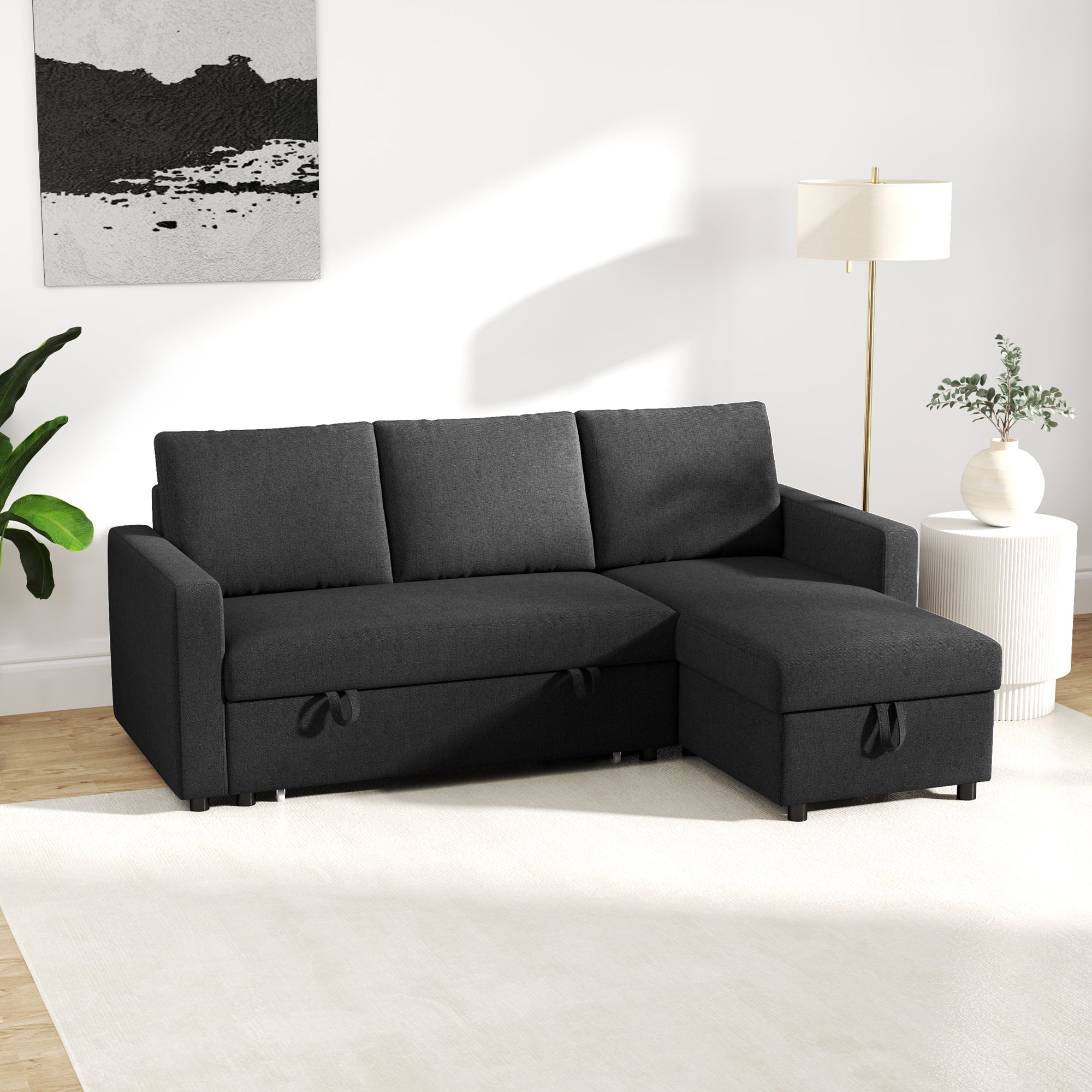 Convertible Corner Sofa Bed, Built-In Storage, Black 3 Cushions-DECOROLALA
