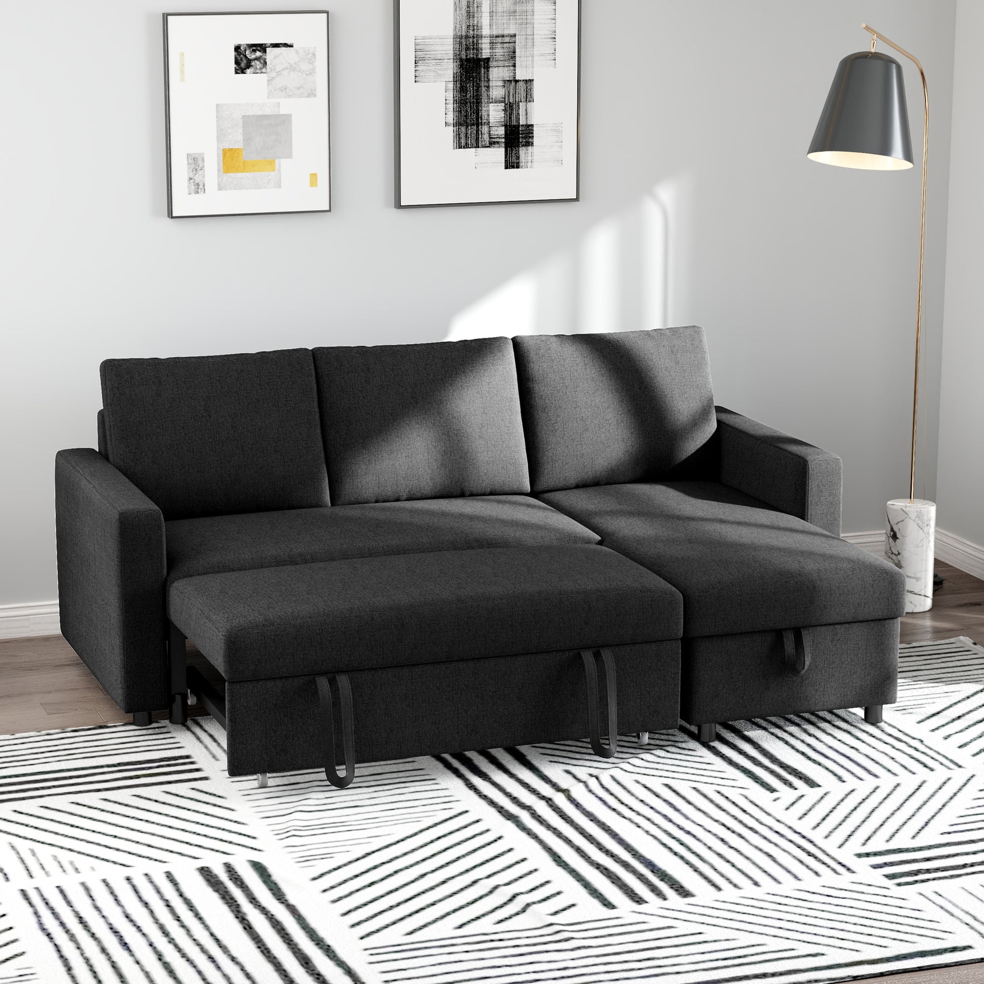 Convertible Corner Sofa Bed, Built-In Storage, Black 3 Cushions-DECOROLALA