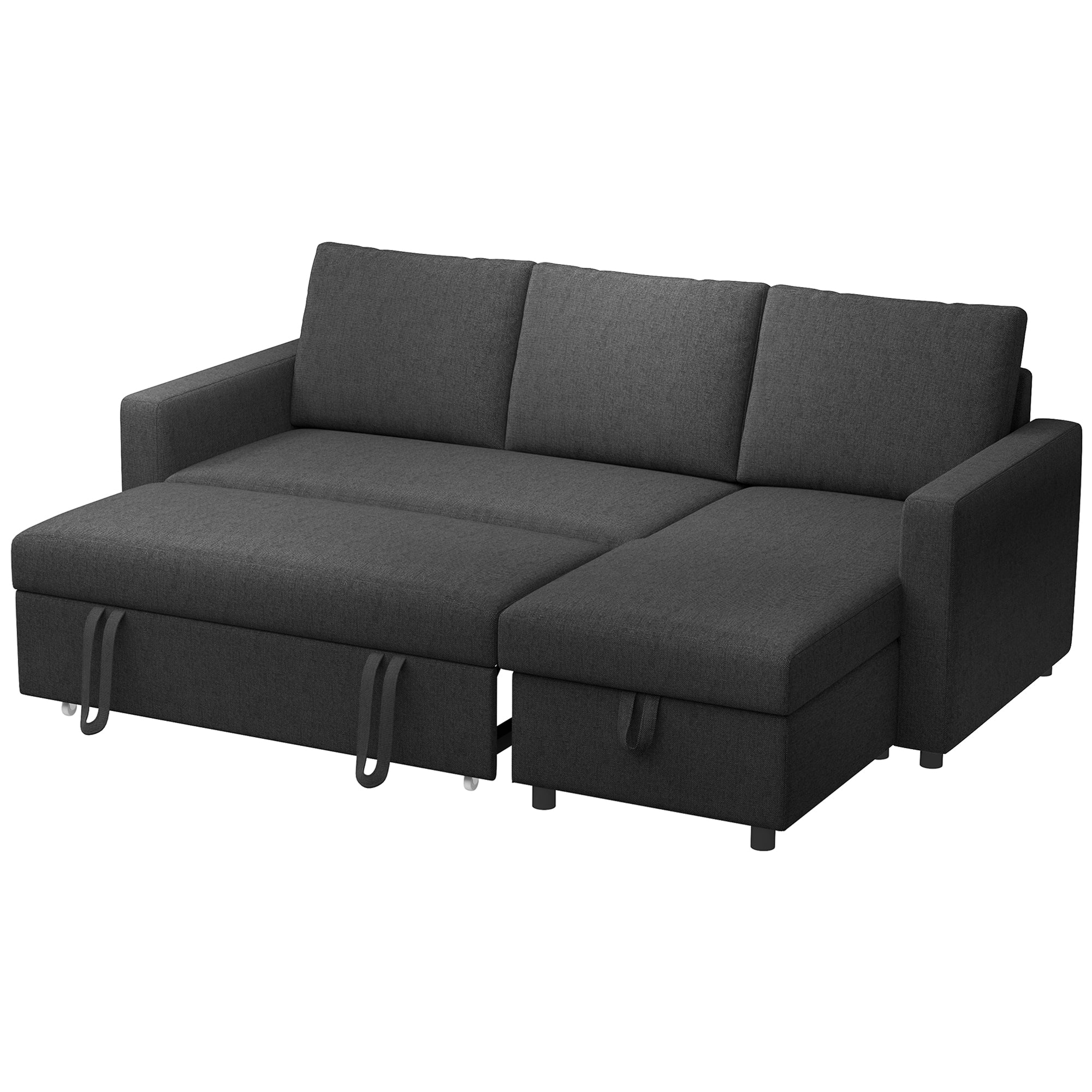 Convertible Corner Sofa Bed, Built-In Storage, Black 3 Cushions-DECOROLALA