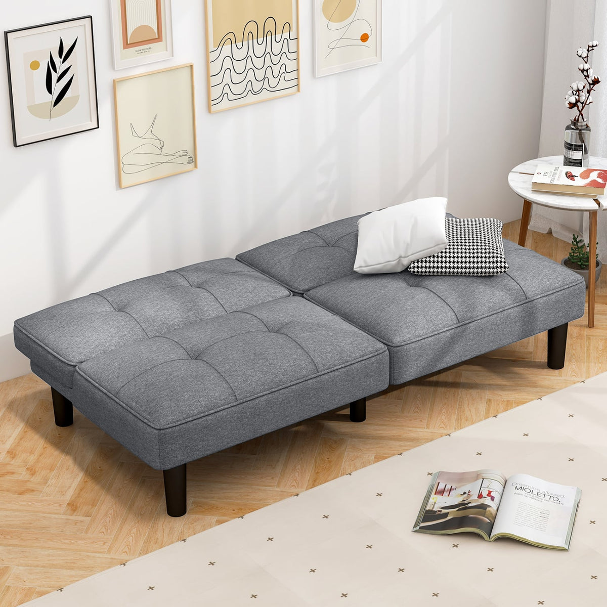 Convertible Folding Futon Sofa Bed with 6-Position Adjustable Backrest-Gray-Sofas & Loveseats-DECOROLALA
