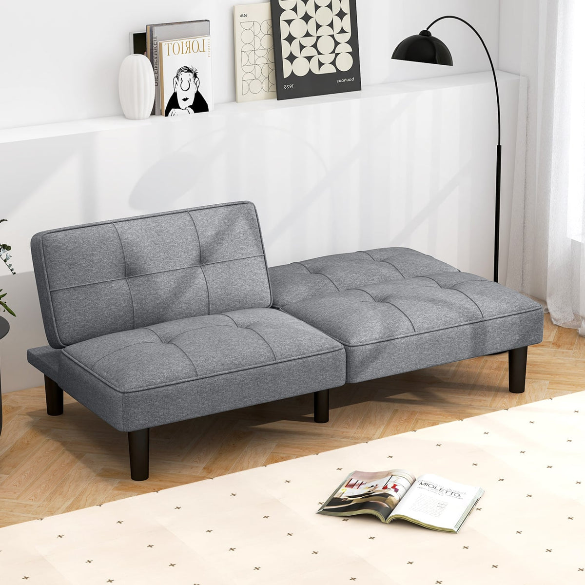 Convertible Folding Futon Sofa Bed with 6-Position Adjustable Backrest-Gray-Sofas & Loveseats-DECOROLALA