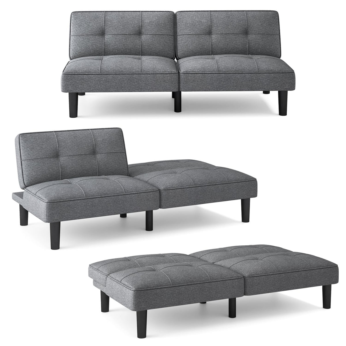 Convertible Folding Futon Sofa Bed with 6-Position Adjustable Backrest-Gray-Sofas & Loveseats-DECOROLALA