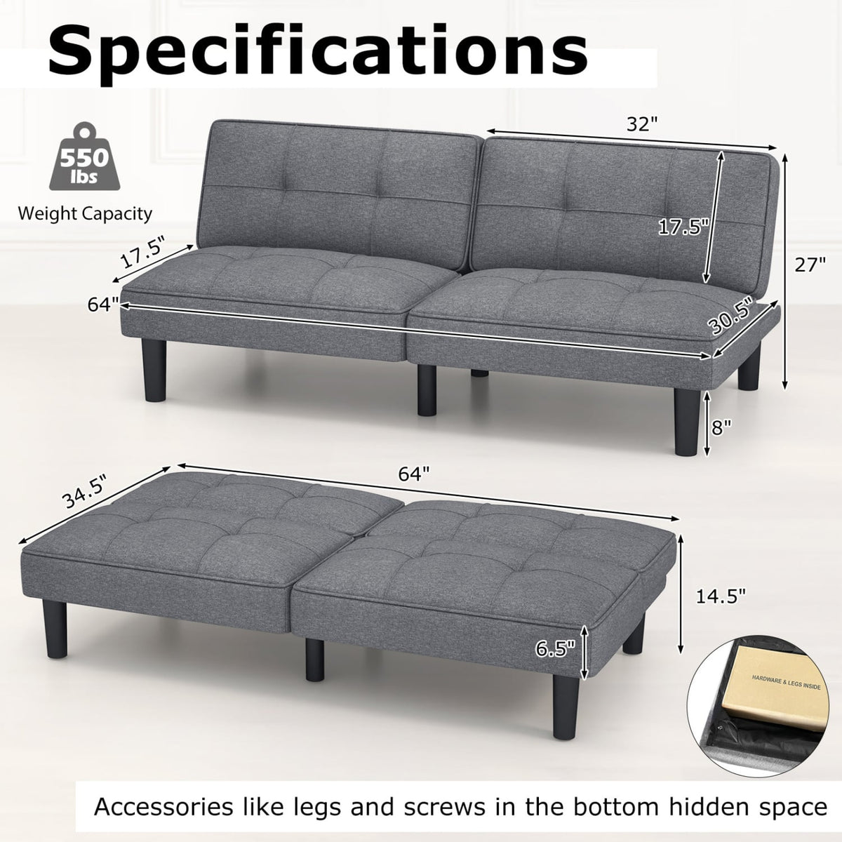 Convertible Folding Futon Sofa Bed with 6-Position Adjustable Backrest-Gray-Sofas & Loveseats-DECOROLALA