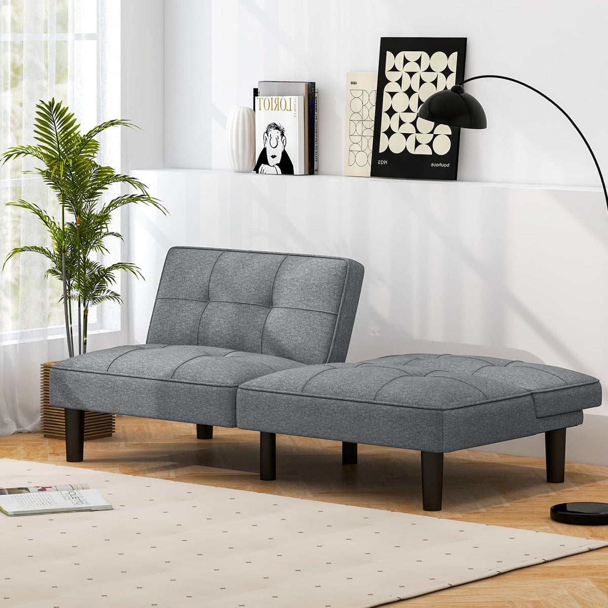 Convertible Folding Futon Sofa Bed with 6-Position Adjustable Backrest-Gray-Sofas & Loveseats-DECOROLALA