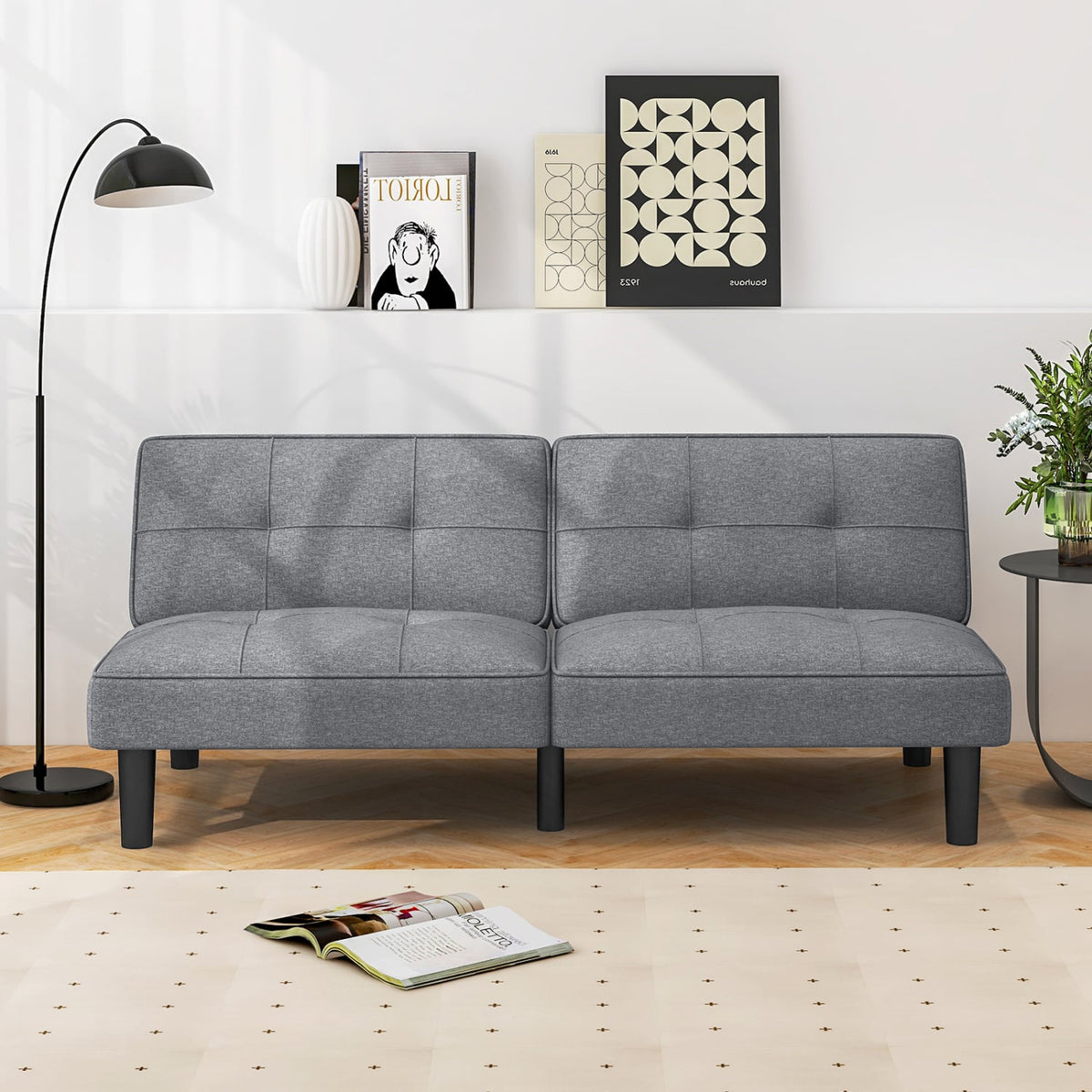 Convertible Folding Futon Sofa Bed with 6-Position Adjustable Backrest-Gray-Sofas & Loveseats-DECOROLALA