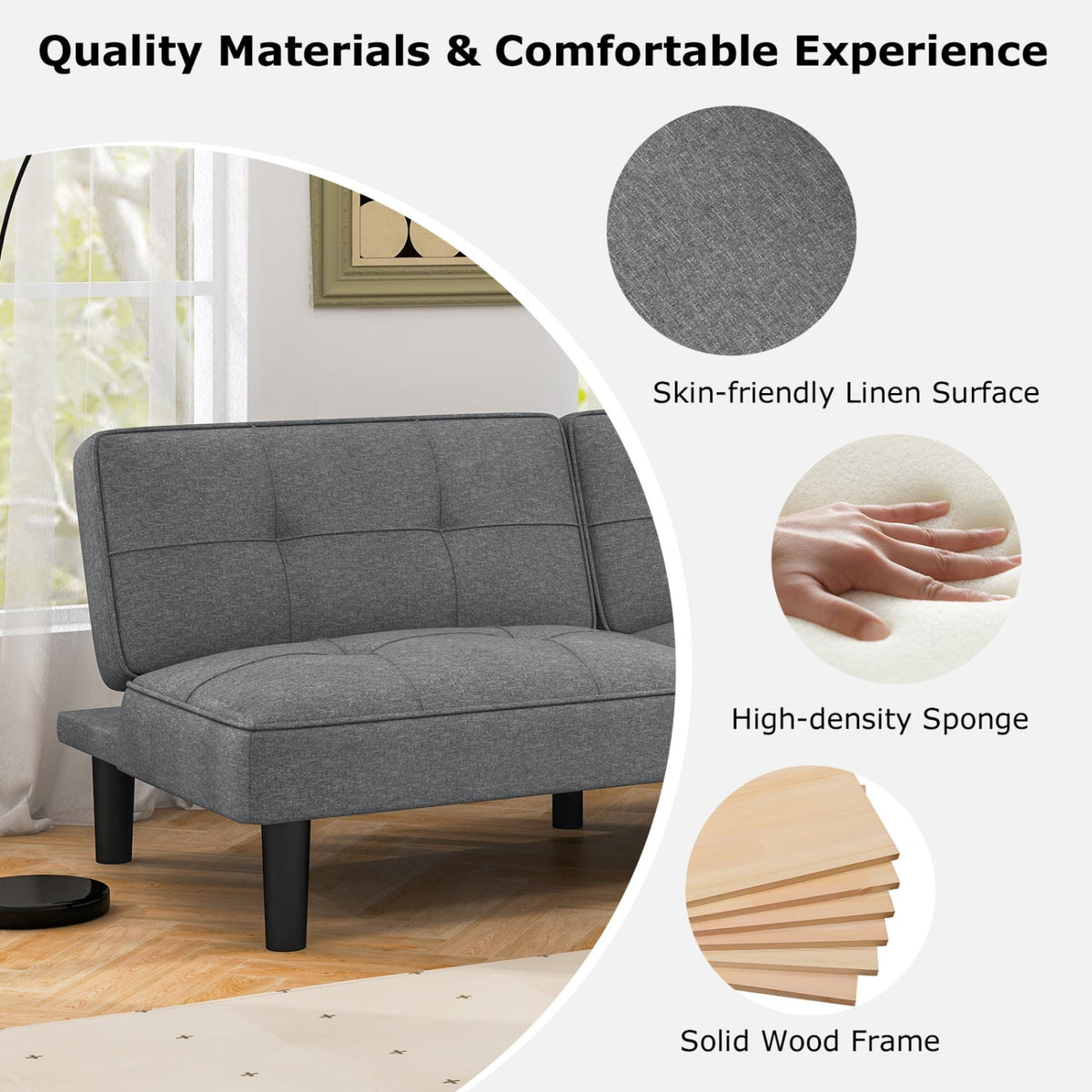 Convertible Folding Futon Sofa Bed with 6-Position Adjustable Backrest-Gray-Sofas & Loveseats-DECOROLALA