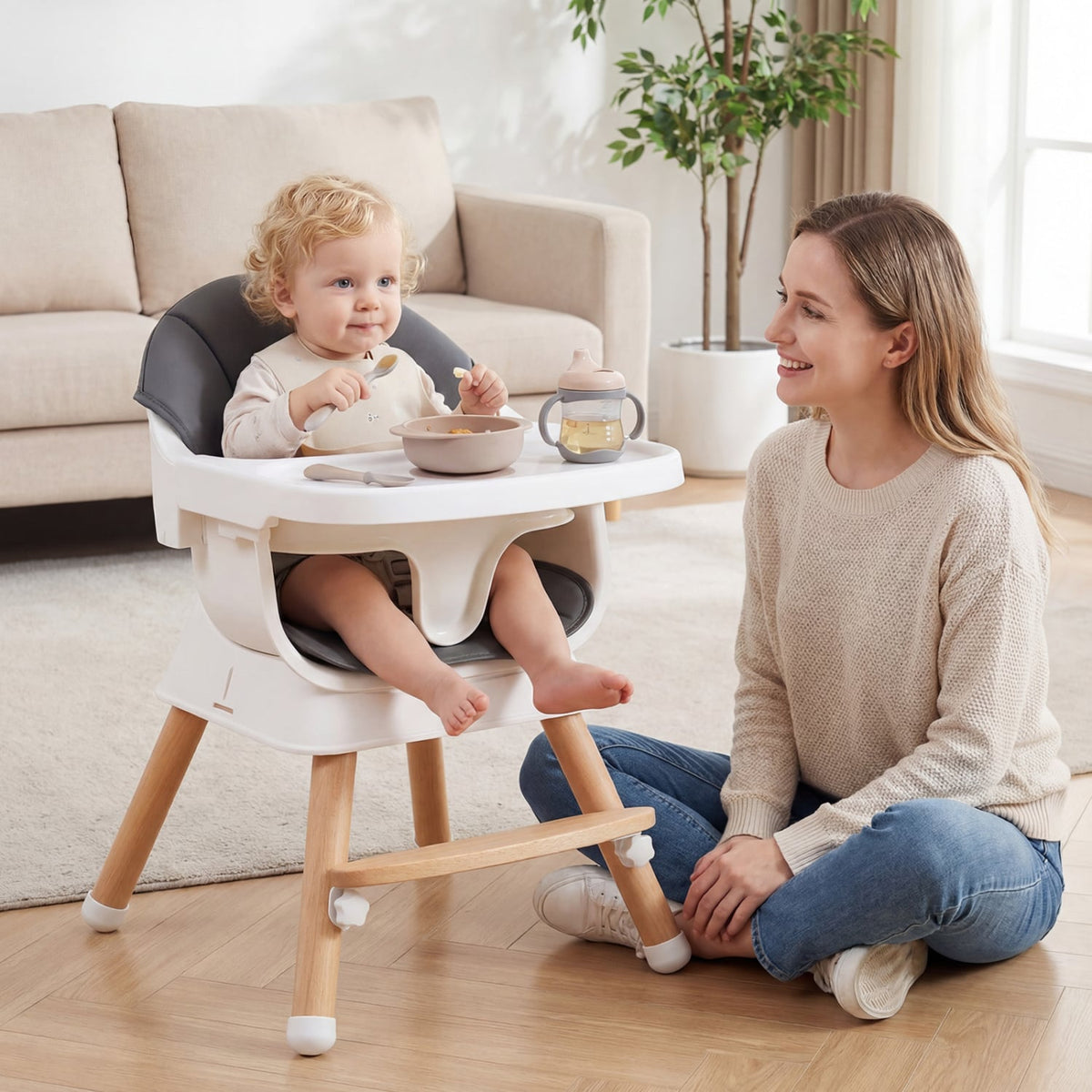 Convertible High Chair for Babies and Toddlers Solid Wood Baby Feeding Chair with 3-Position Adjustable Tray-Gray-High Chairs-DECOROLALA