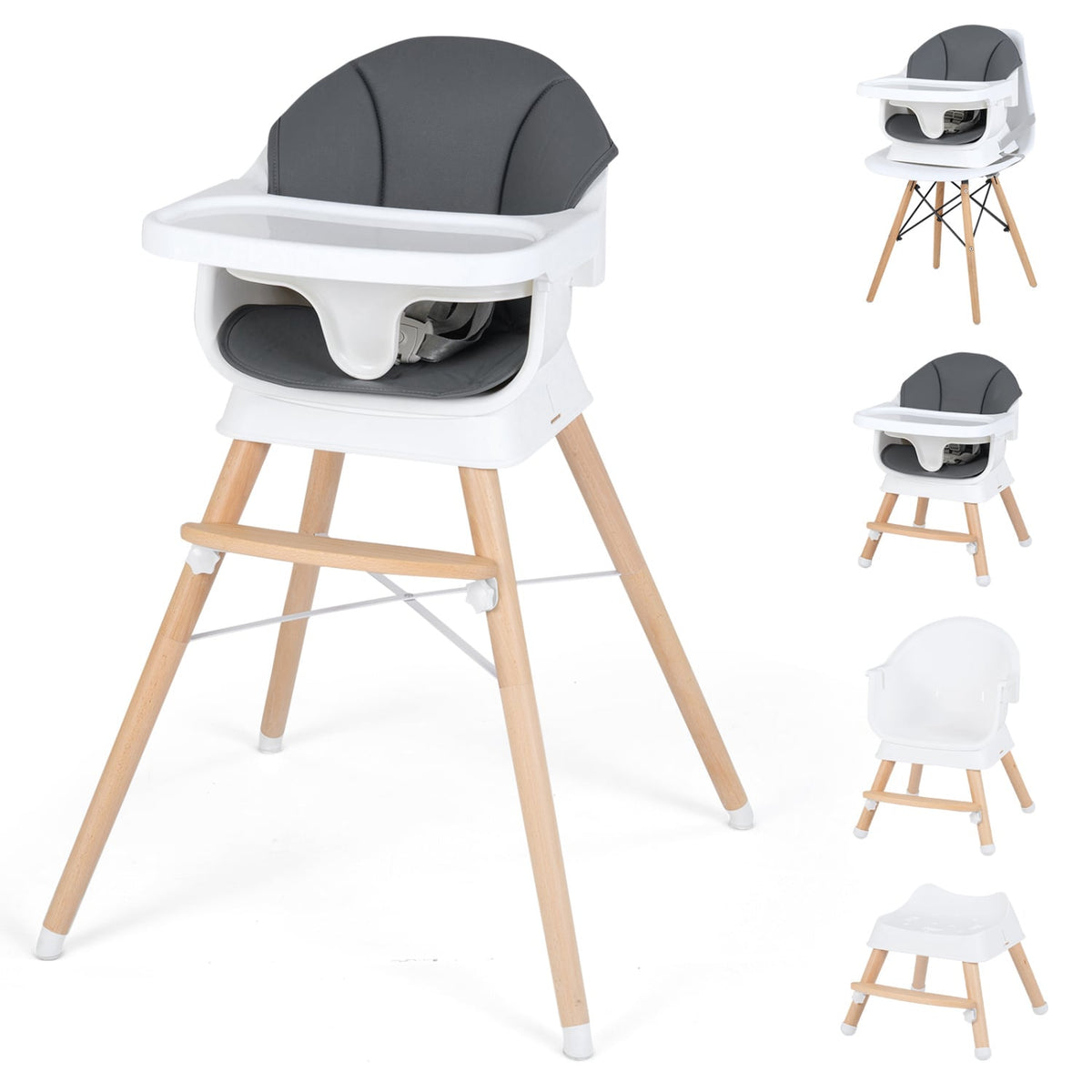 Convertible High Chair for Babies and Toddlers Solid Wood Baby Feeding Chair with 3-Position Adjustable Tray-Gray-High Chairs-DECOROLALA