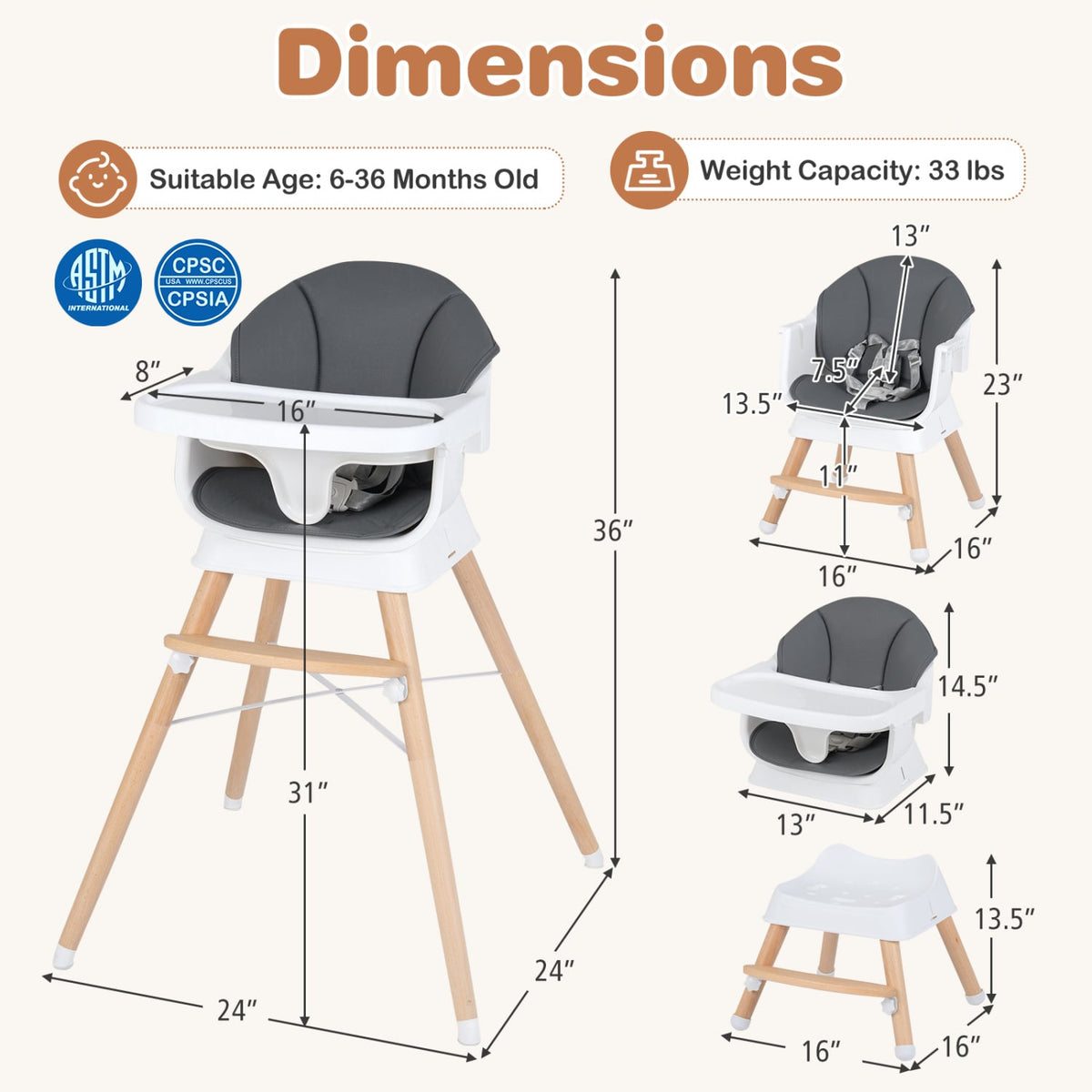 Convertible High Chair for Babies and Toddlers Solid Wood Baby Feeding Chair with 3-Position Adjustable Tray-Gray-High Chairs-DECOROLALA