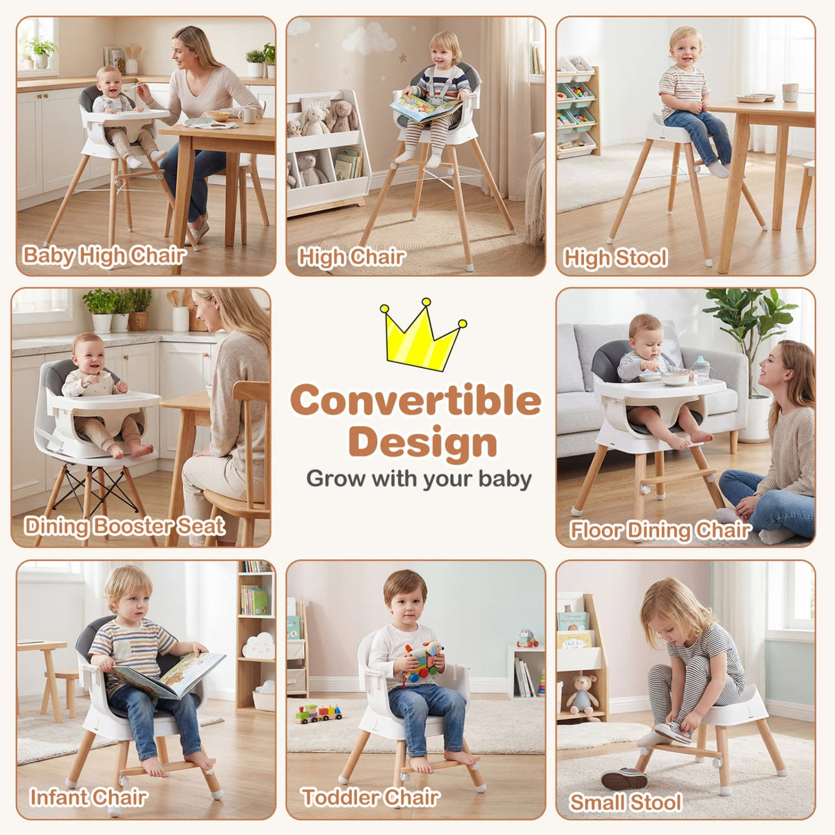 Convertible High Chair for Babies and Toddlers Solid Wood Baby Feeding Chair with 3-Position Adjustable Tray-Gray-High Chairs-DECOROLALA