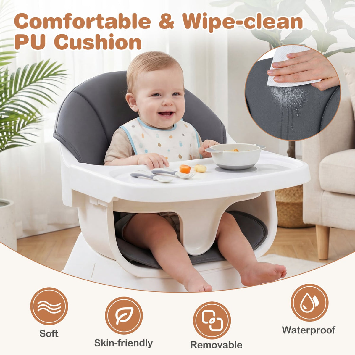 Convertible High Chair for Babies and Toddlers Solid Wood Baby Feeding Chair with 3-Position Adjustable Tray-Gray-High Chairs-DECOROLALA