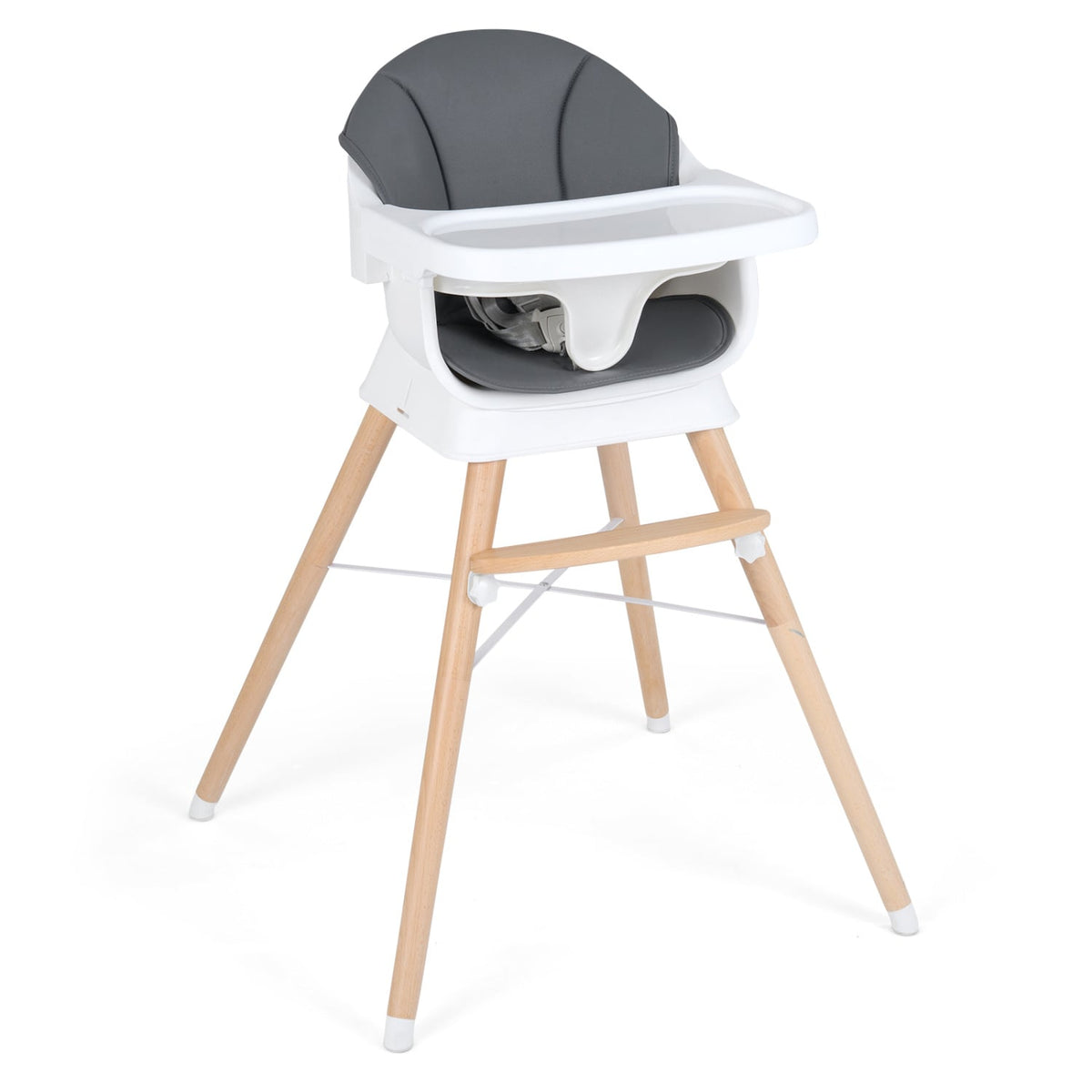Convertible High Chair for Babies and Toddlers Solid Wood Baby Feeding Chair with 3-Position Adjustable Tray-Gray-High Chairs-DECOROLALA