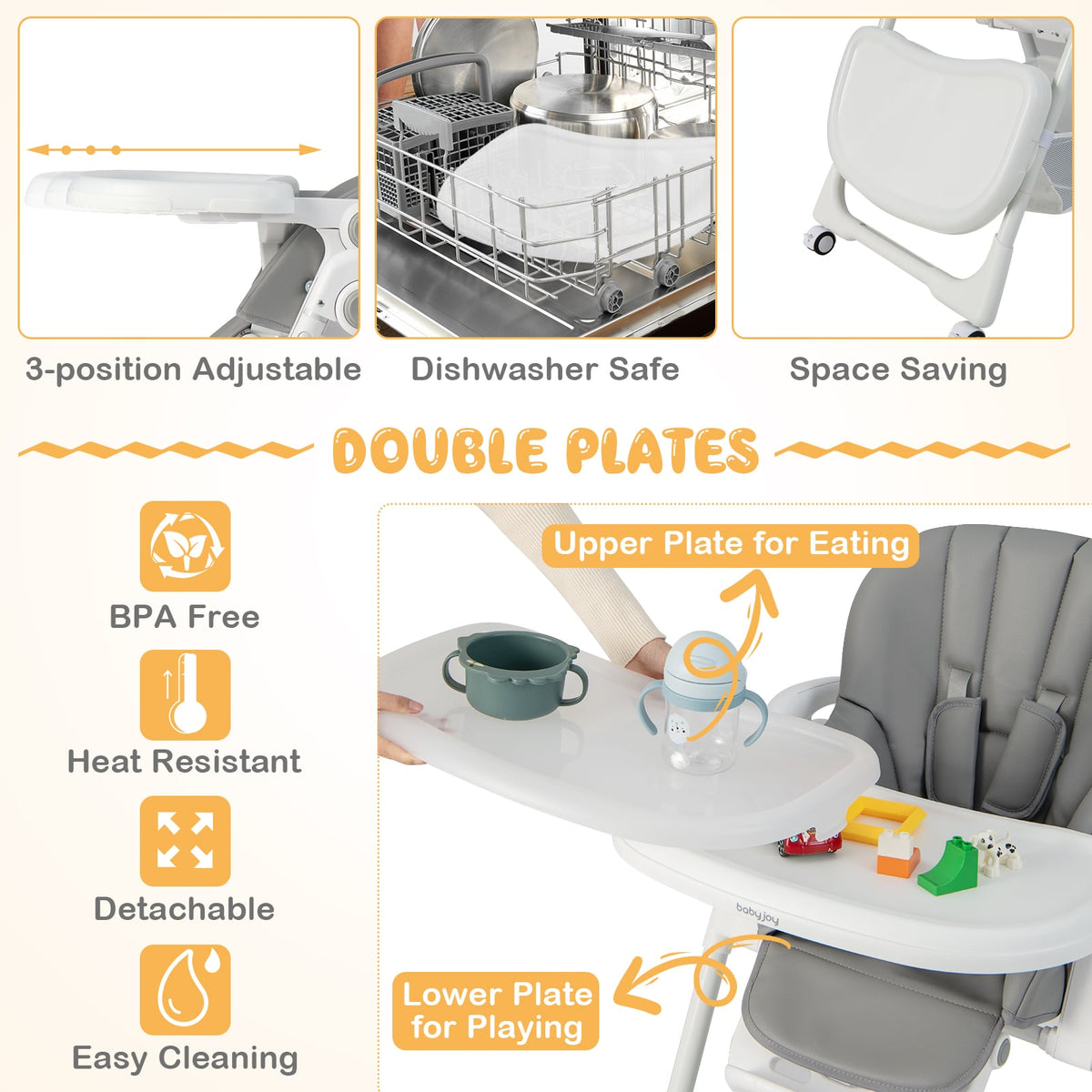 Convertible Infant Dining Chair with 5 Backrest and 3 Footrest Positions-Gray-High Chairs-DECOROLALA