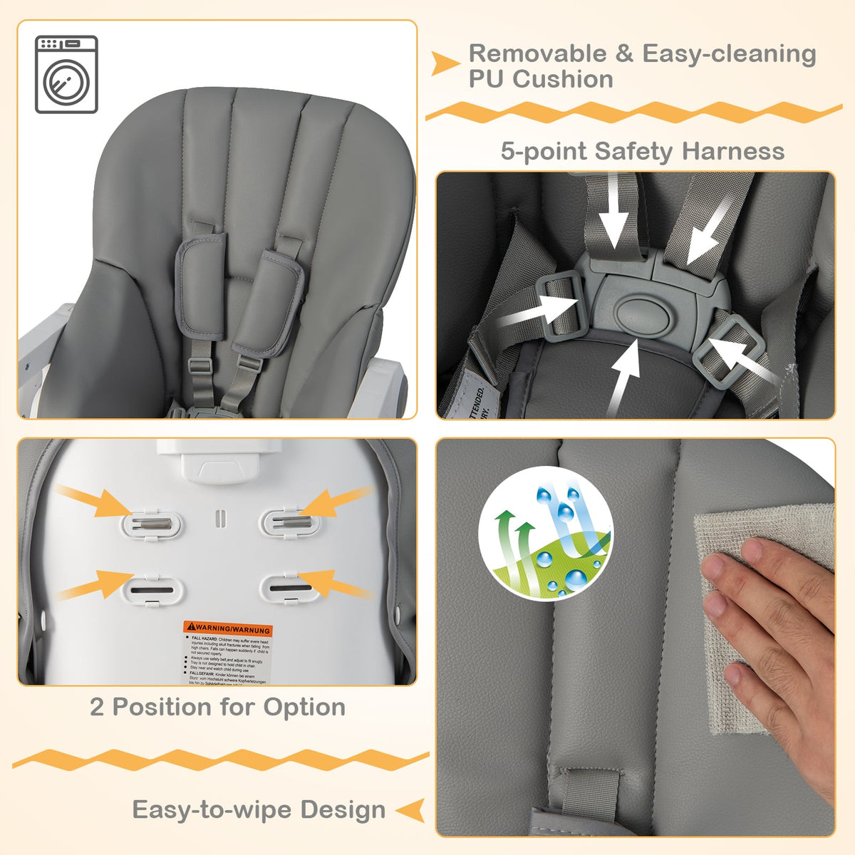 Convertible Infant Dining Chair with 5 Backrest and 3 Footrest Positions-Gray-High Chairs-DECOROLALA
