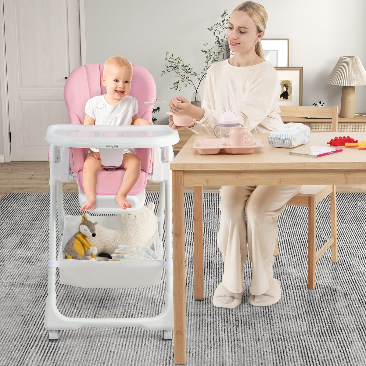 Convertible Infant Dining Chair with 5 Backrest and 3 Footrest Positions-Pink-High Chairs-DECOROLALA