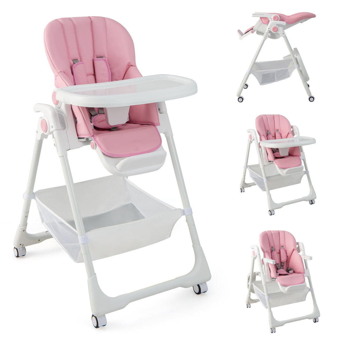 Convertible Infant Dining Chair with 5 Backrest and 3 Footrest Positions-Pink-High Chairs-DECOROLALA