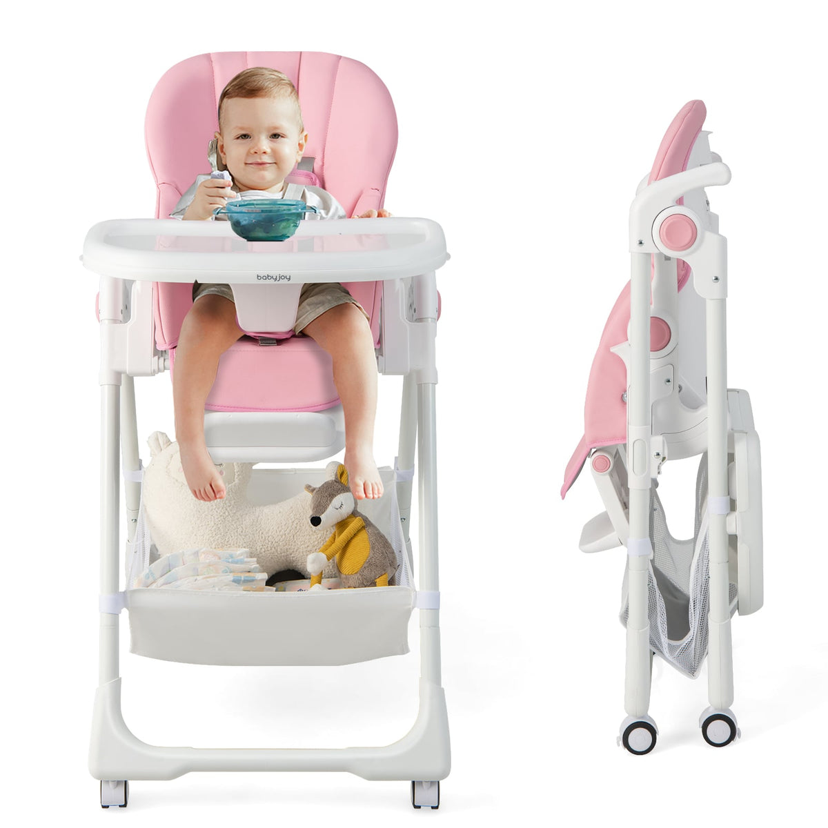 Convertible Infant Dining Chair with 5 Backrest and 3 Footrest Positions-Pink-High Chairs-DECOROLALA