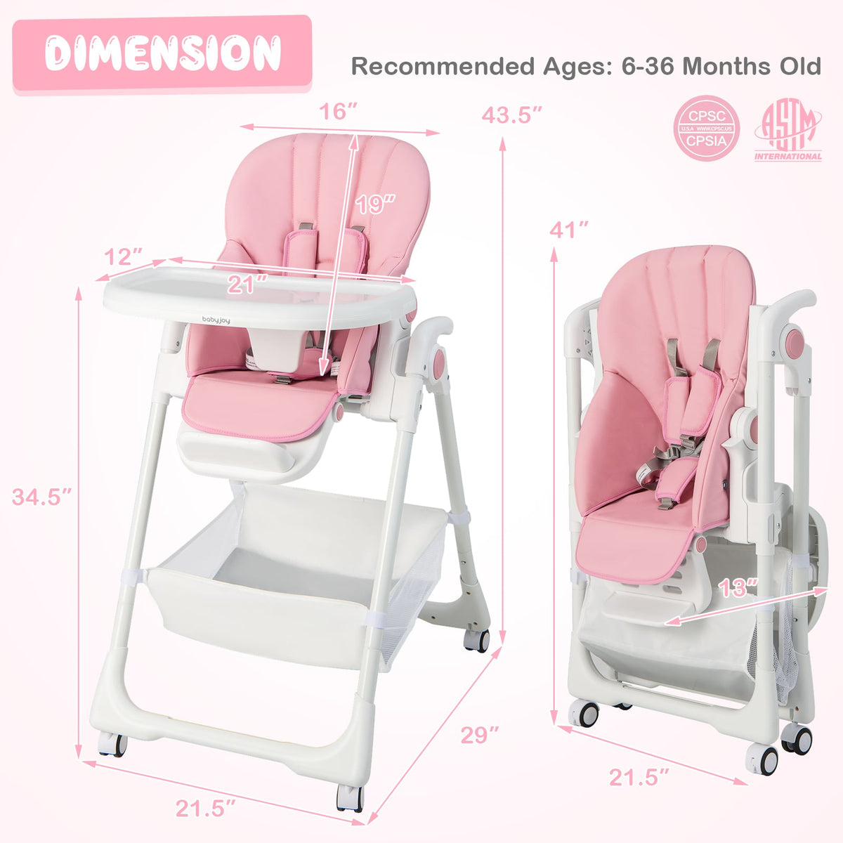 Convertible Infant Dining Chair with 5 Backrest and 3 Footrest Positions-Pink-High Chairs-DECOROLALA
