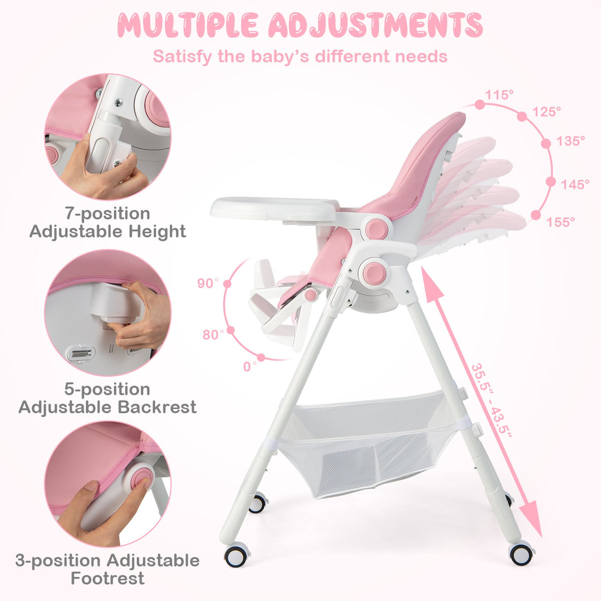 Convertible Infant Dining Chair with 5 Backrest and 3 Footrest Positions-Pink-High Chairs-DECOROLALA