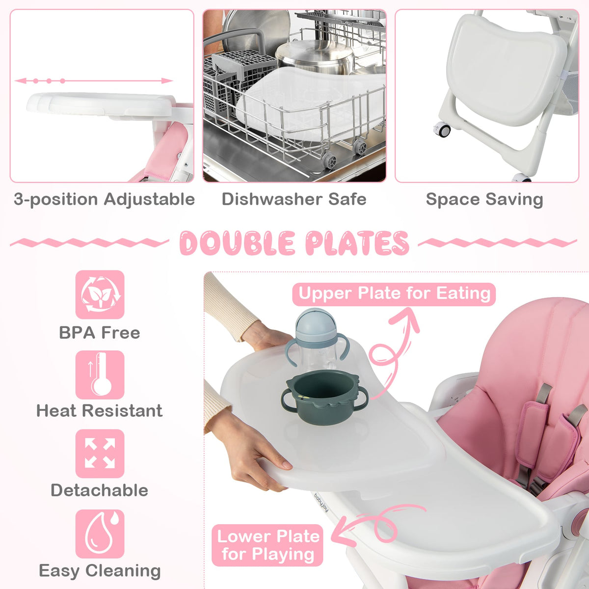Convertible Infant Dining Chair with 5 Backrest and 3 Footrest Positions-Pink-High Chairs-DECOROLALA